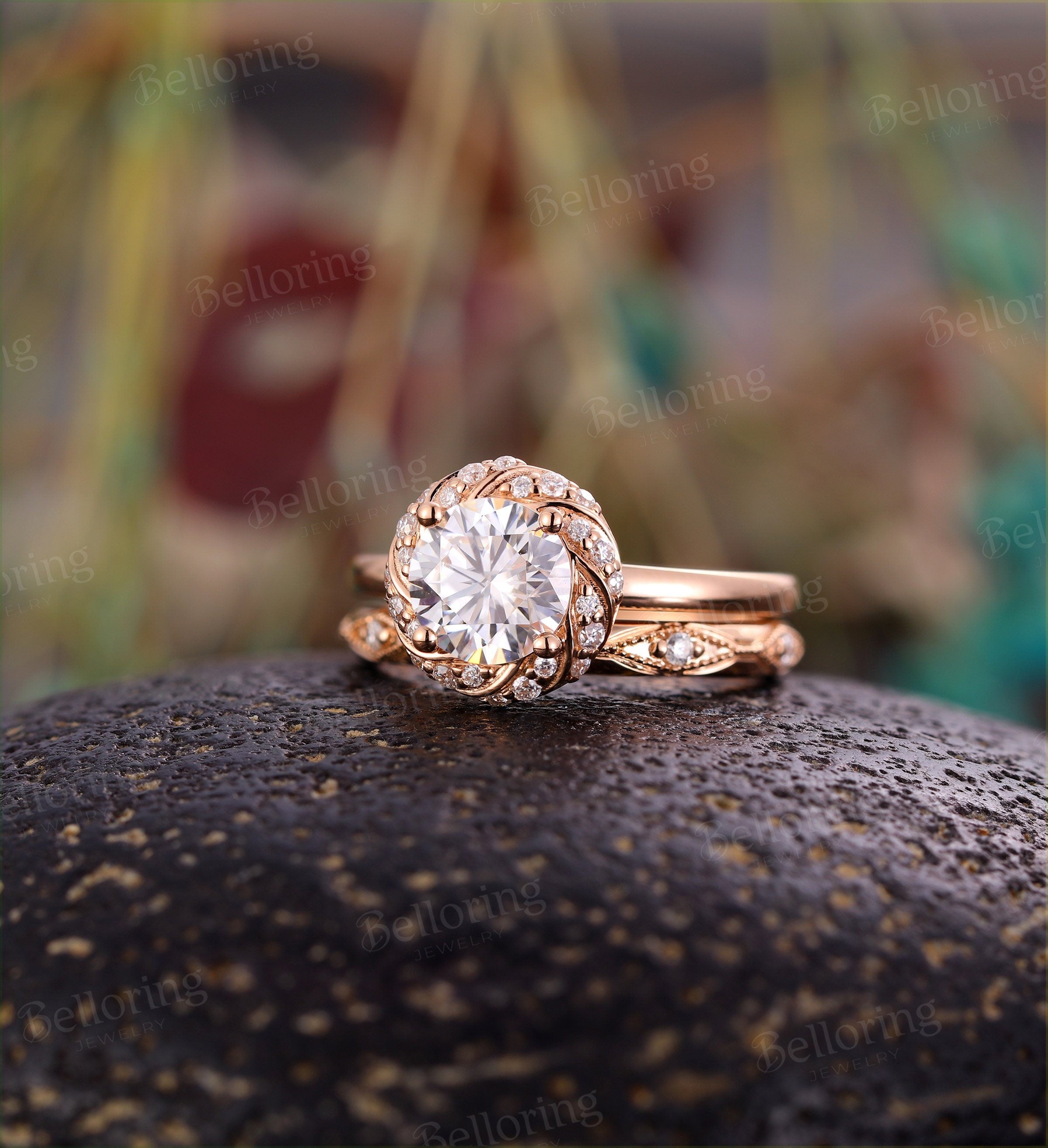 Moissanite Engagement Ring set Rose Gold Vintage Wedding  halo art deco antique Promise gift Bridal Jewelry  Anniversary wedding ring