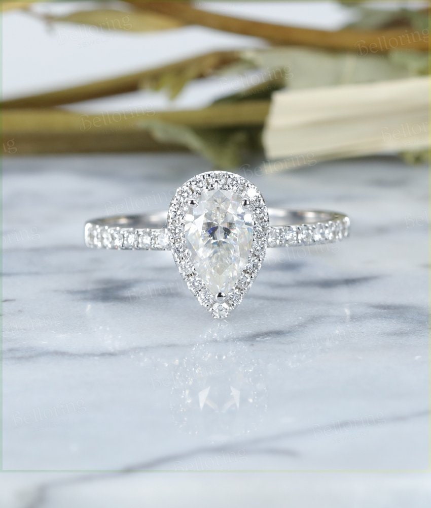 Moissanite engagement ring vintage white gold Pear cut Antique  Halo Half eternity Wedding  Promise Jewelry Anniversary wedding ring