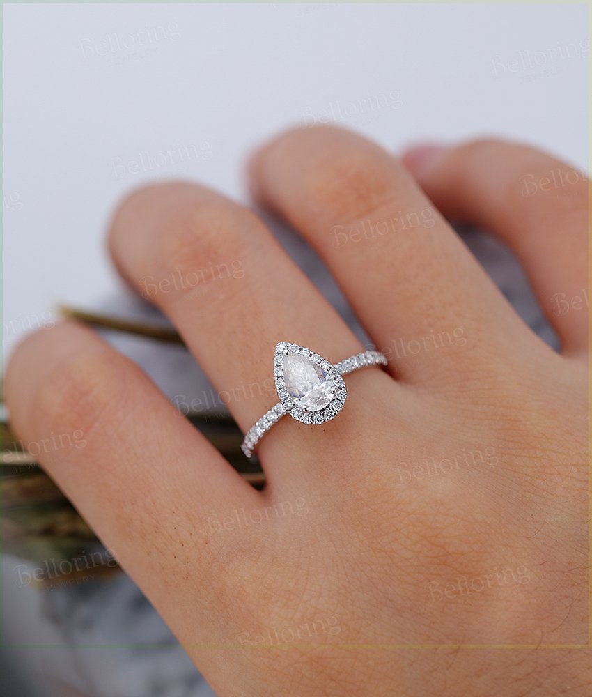 Moissanite engagement ring vintage white gold Pear cut Antique  Halo Half eternity Wedding  Promise Jewelry Anniversary wedding ring