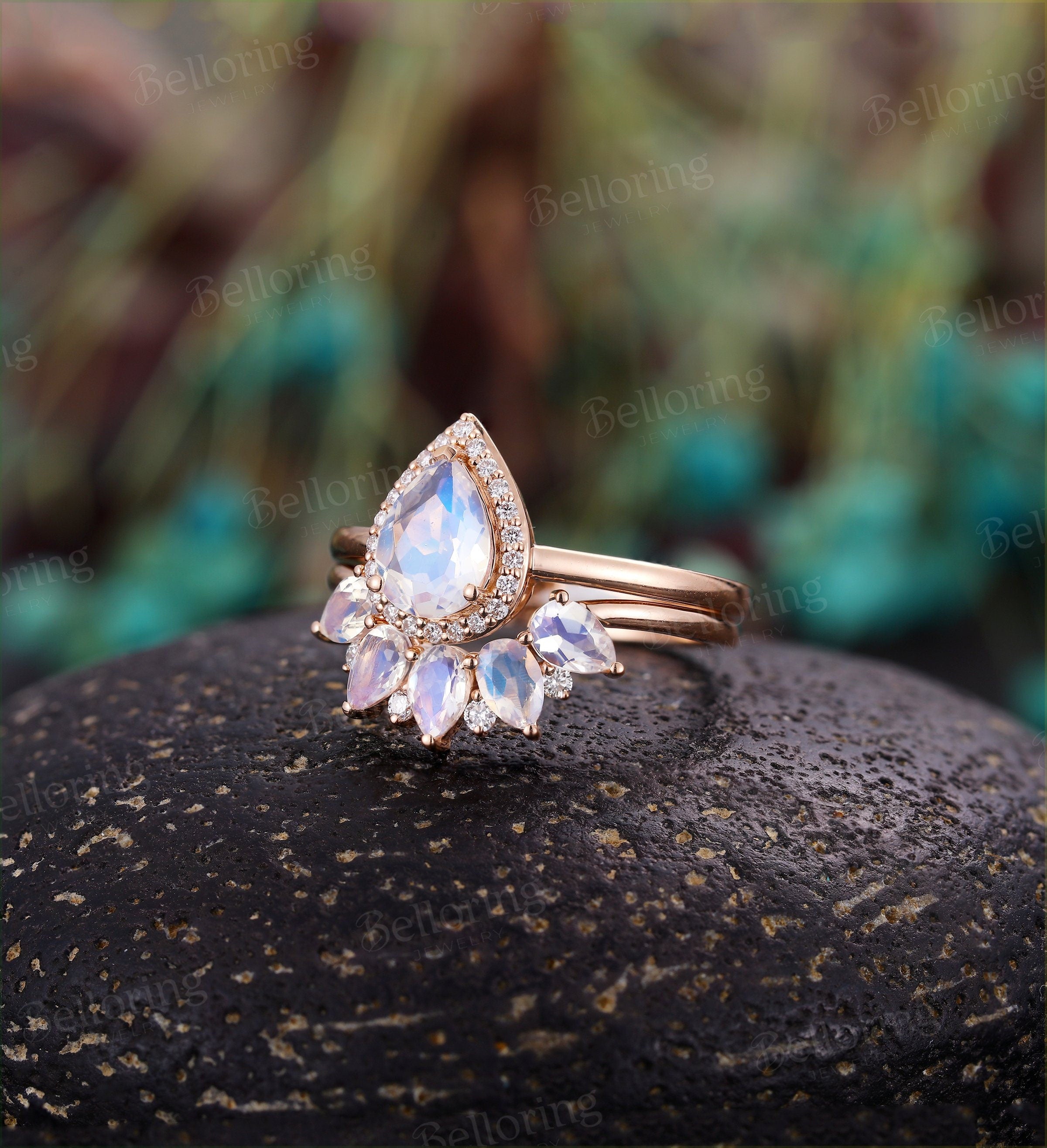 Moonstone engagement ring  vintage pear shaped moissanite unique Wedding Ring set Jewelry art deco birthstone Anniversary wedding ring