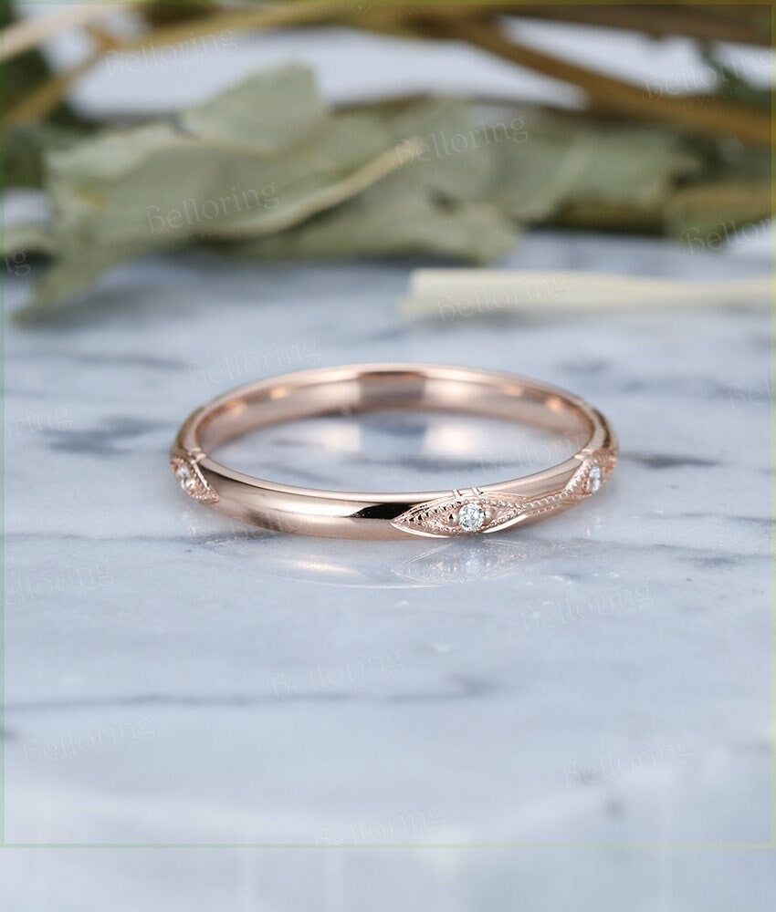 14k rose gold wedding band  vintage  Eternity halo diamond  bridal set Stacking Promise Matching band Jewelry Anniversary wedding ring