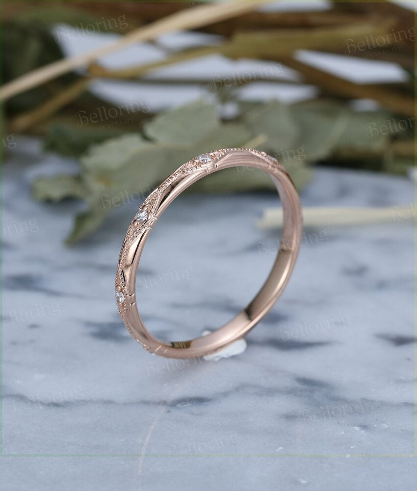 14k rose gold wedding band  vintage  Eternity halo diamond  bridal set Stacking Promise Matching band Jewelry Anniversary wedding ring