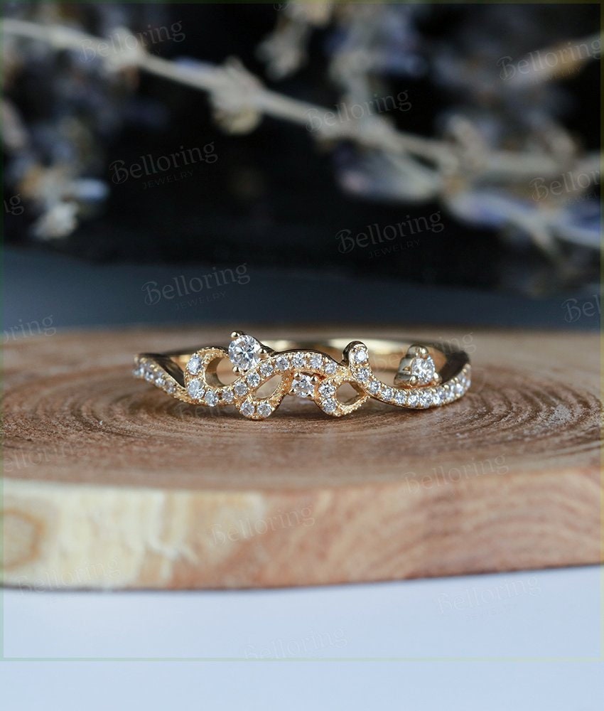 14k yellow Gold wedding band  diamond ring bridal set half eternity band cluster dainty  promise anniversary wedding ring