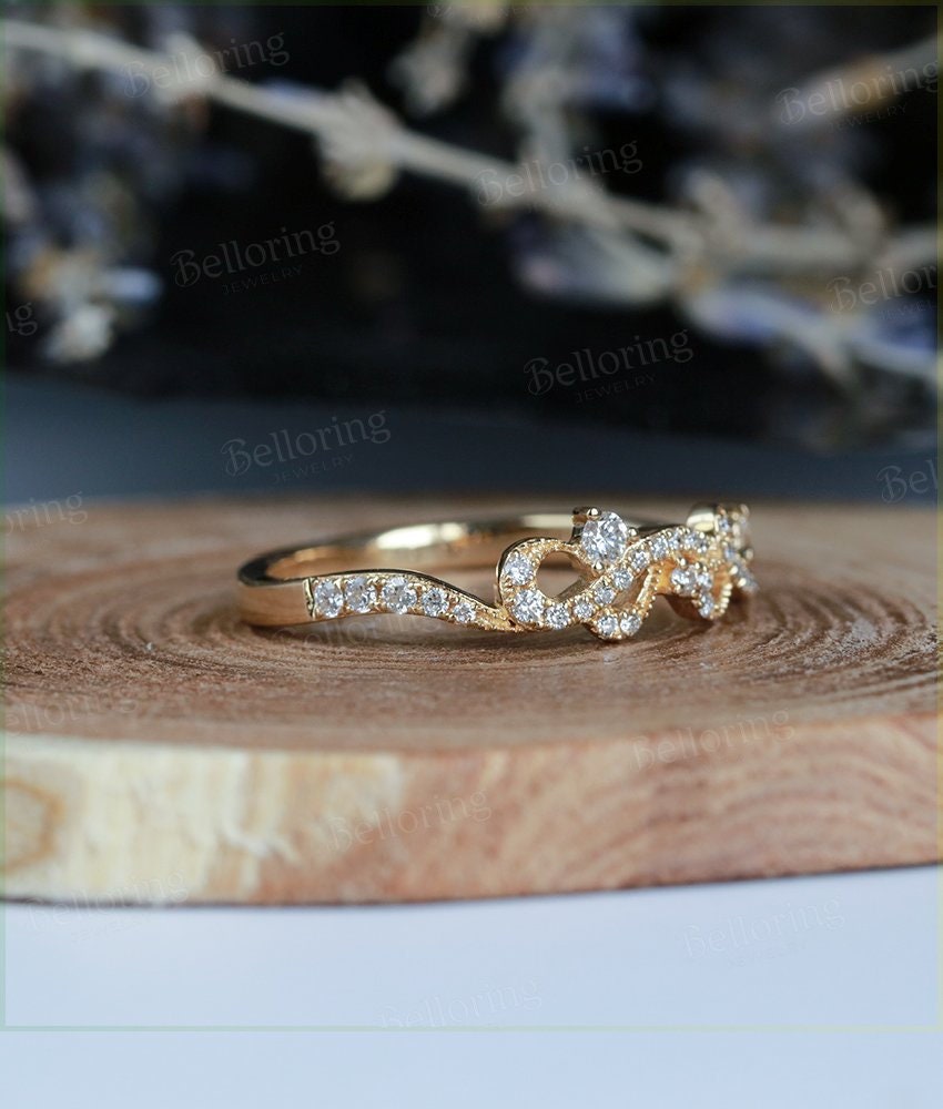 14k yellow Gold wedding band  diamond ring bridal set half eternity band cluster dainty  promise anniversary wedding ring