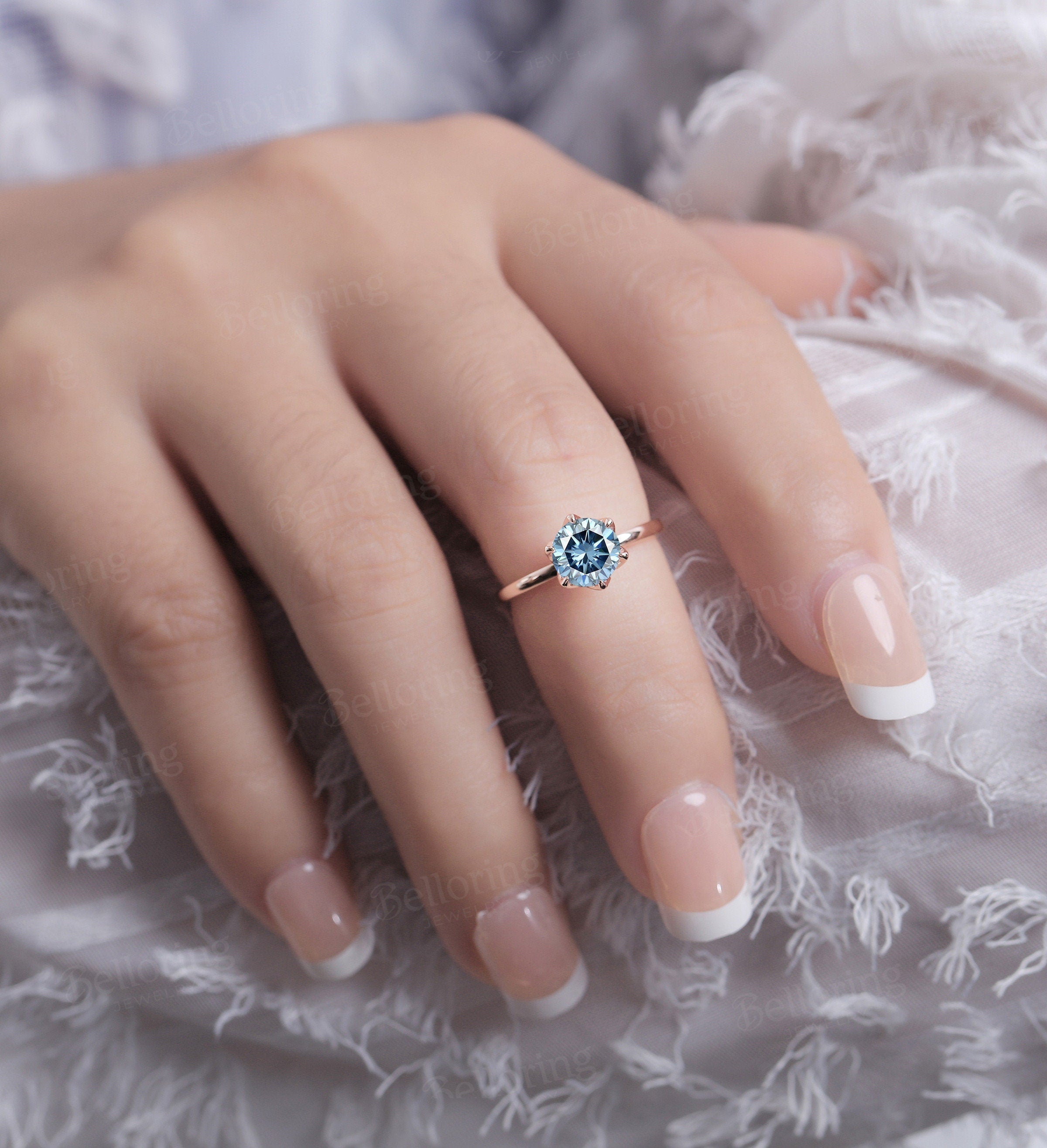 Grey Blue Moissanite engagement ring vintage prong set unique rose gold diamond art deco promise ring solitaire ring anniversary wedding