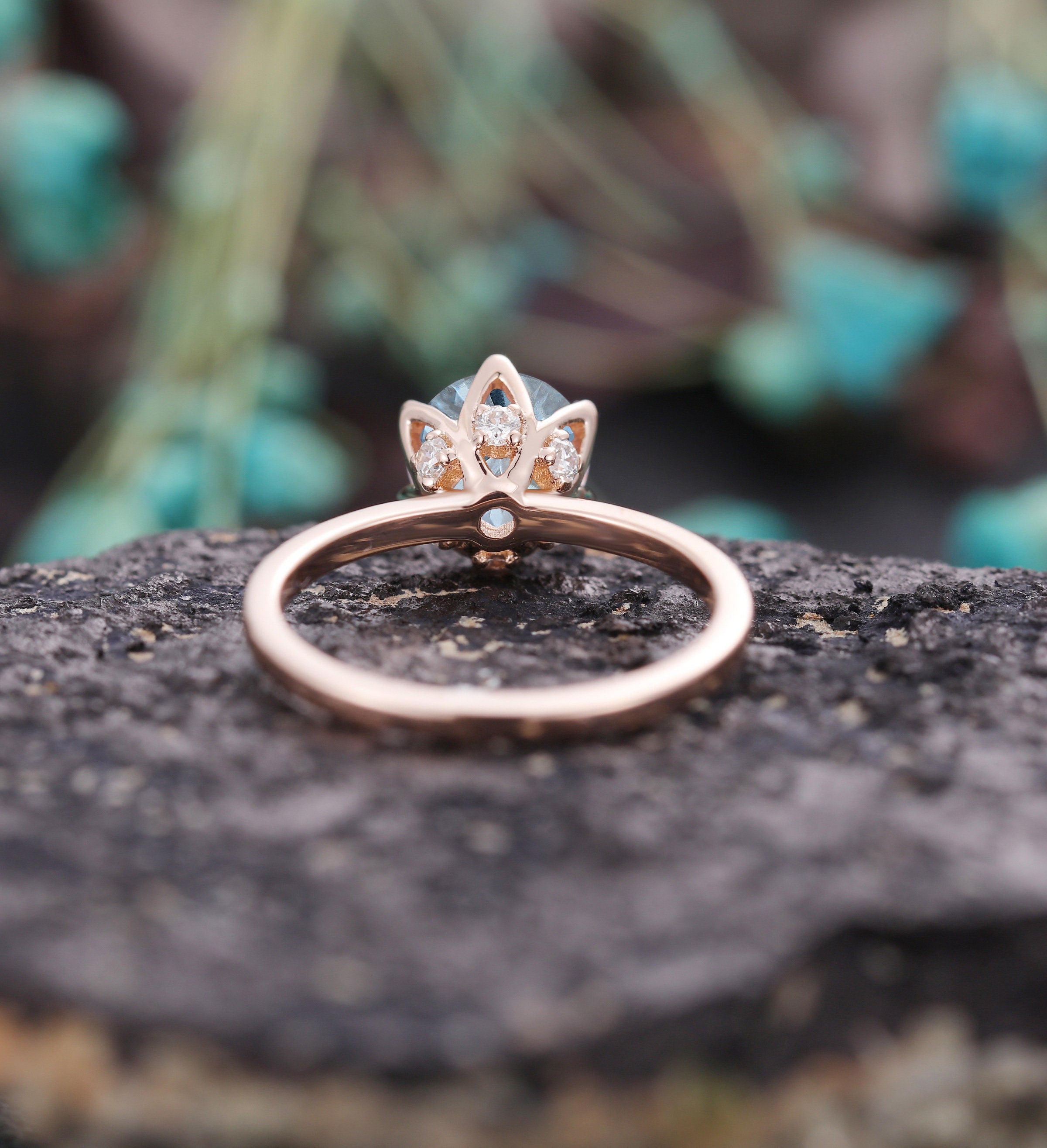 Grey Blue Moissanite engagement ring vintage prong set unique rose gold diamond art deco promise ring solitaire ring anniversary wedding