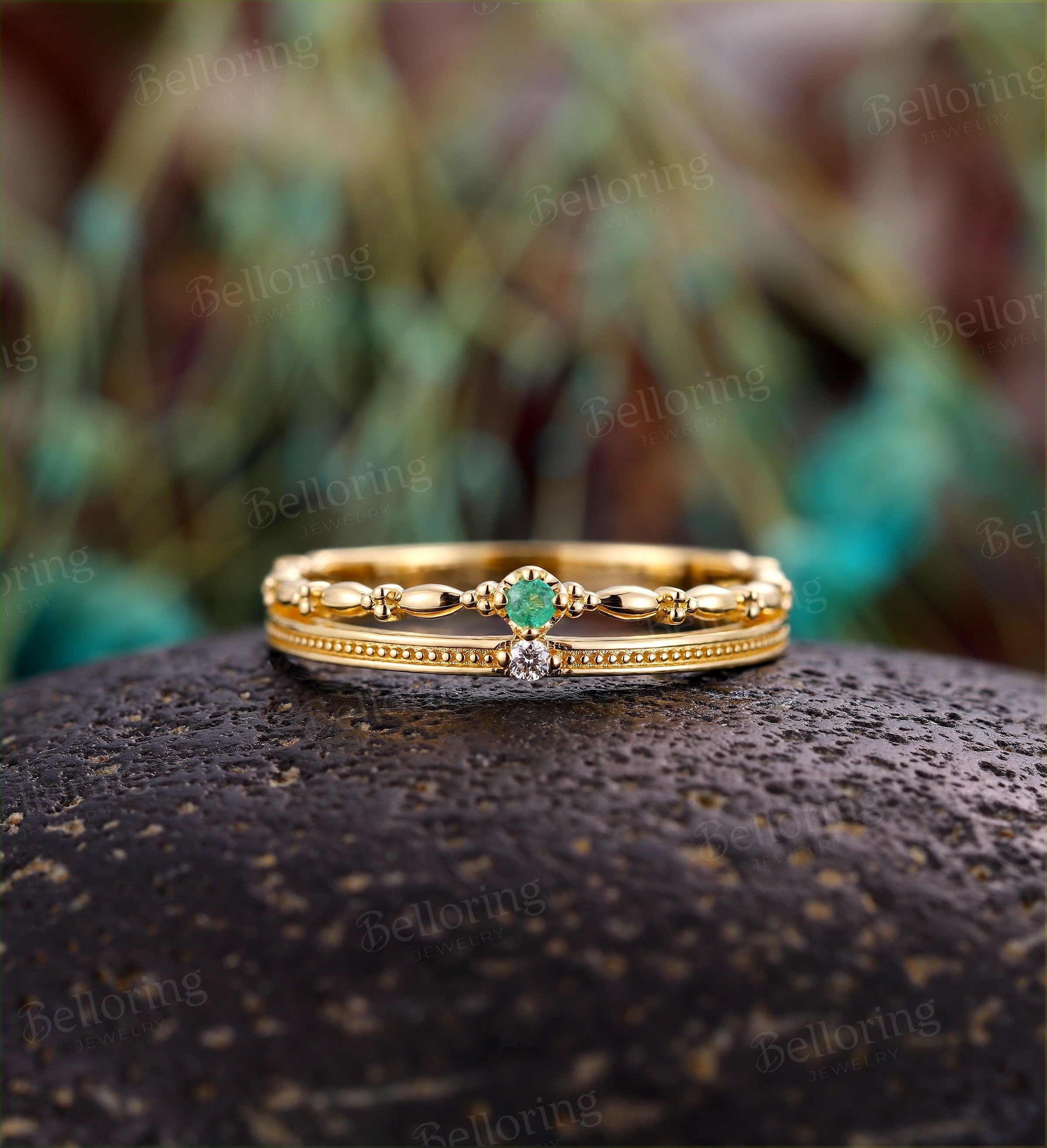 Emerald Engagement Ring yellow Gold ring vintage Milgrain ring round cut ring Art Deco ring Antique diamond wedding ring anniversary ring