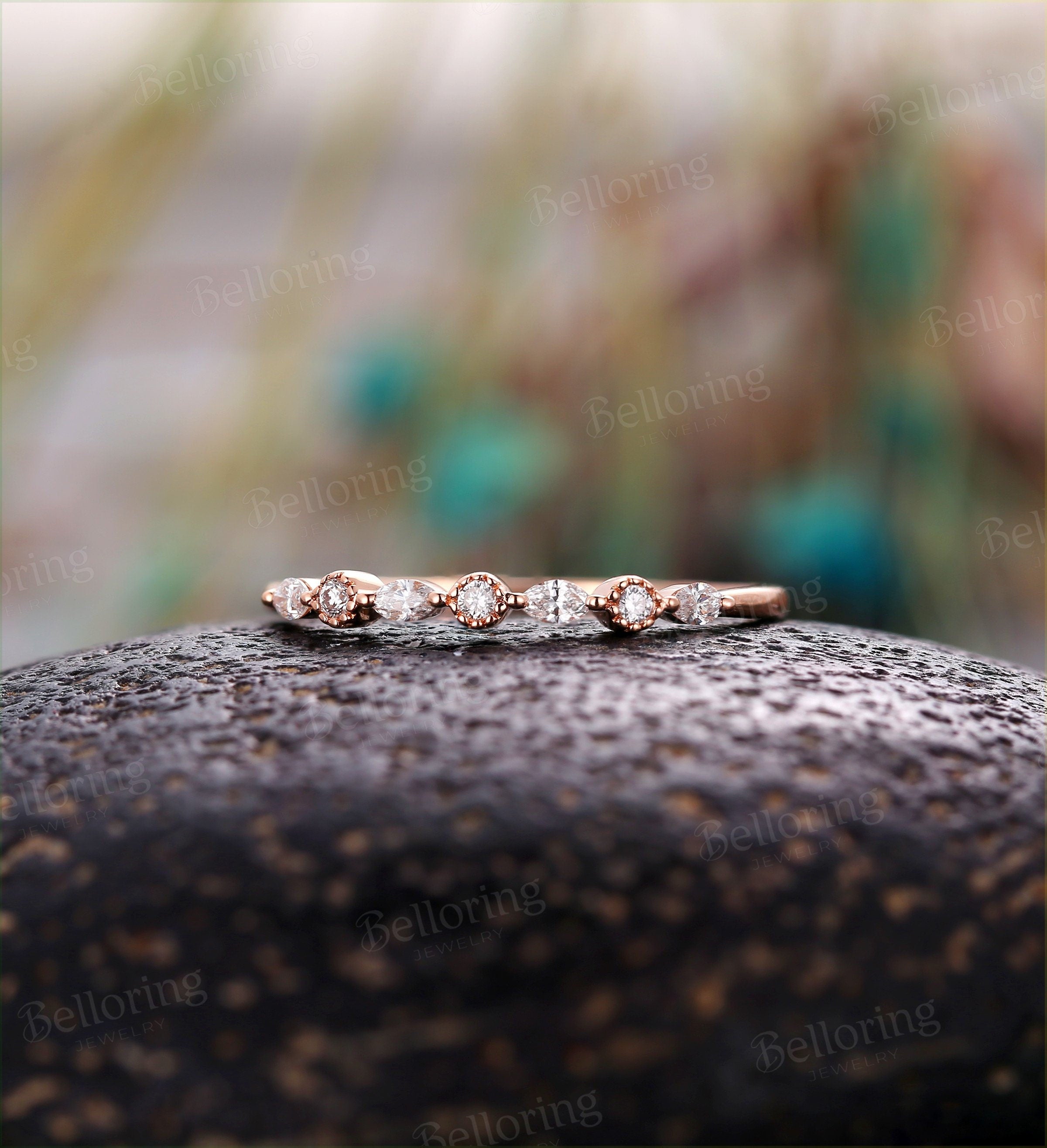 Art deco diamond ring vintage rose gold wedding band Half eternity milgrain ring antique marquise dainty Promise Matching band wedding ring