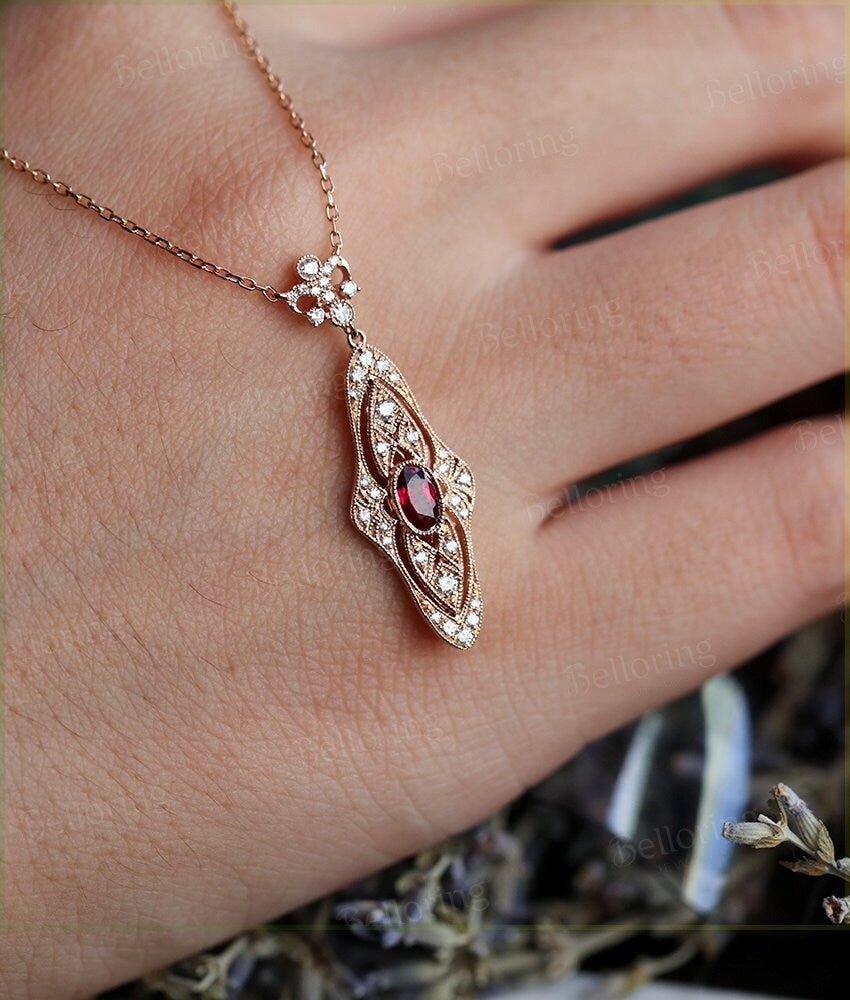 oval shaped Ruby wedding necklace bridal  Baguette diamond  vintage Cameo Necklaces Solid 14K rose gold  Anniversary wedding ring