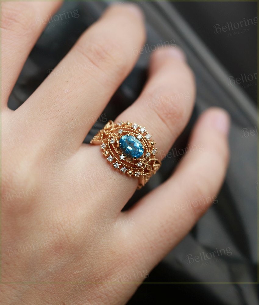 Blue Topaz engagement ring set  Vintage oval cut Art deco moissanite unique rose gold Jewelry birthstone Anniversary wedding ring