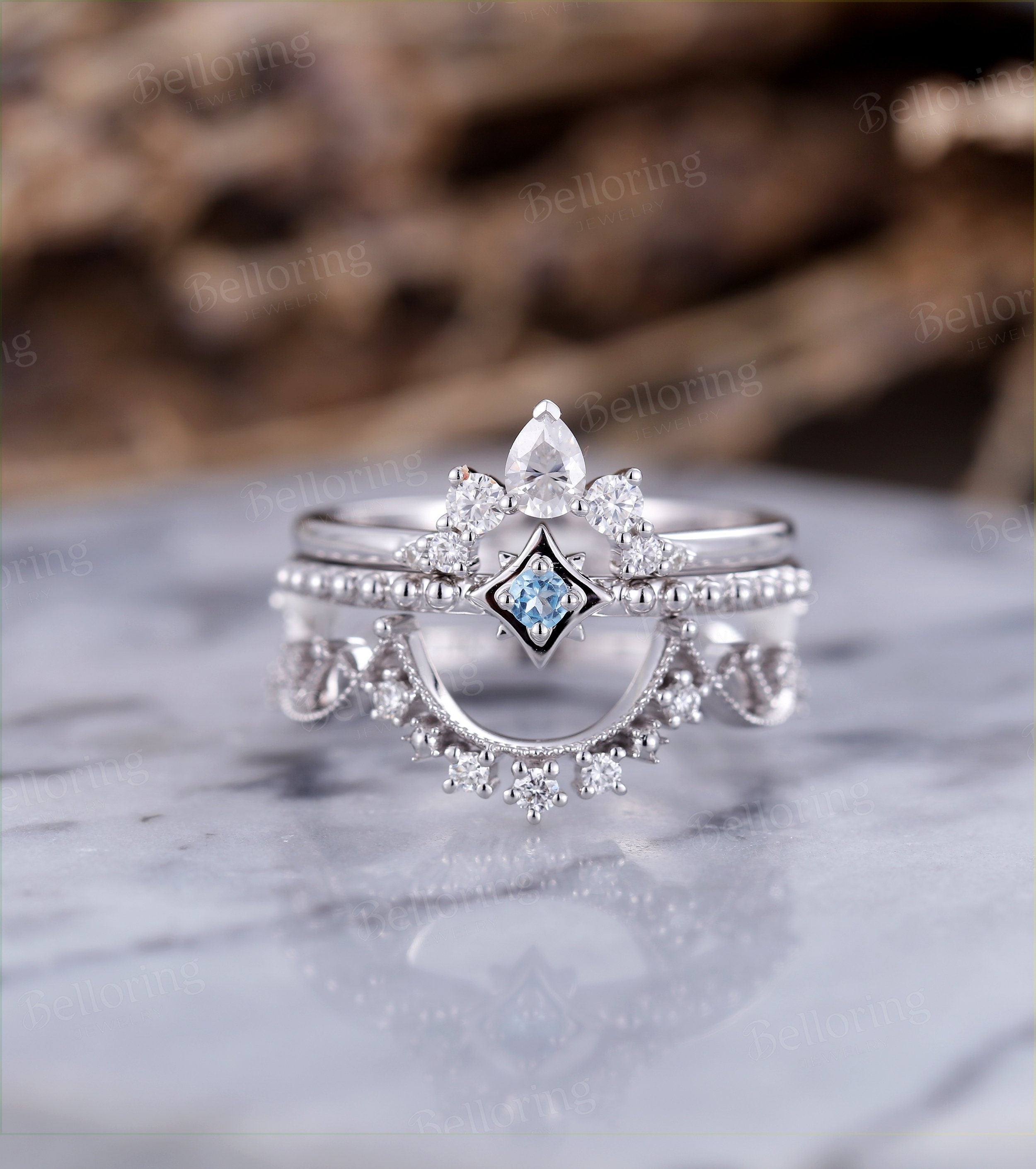 Blue Topaz engagement ring set  curved moissanite wedding band pear shaped white gold vintage unique Jewelry Anniversary wedding ring