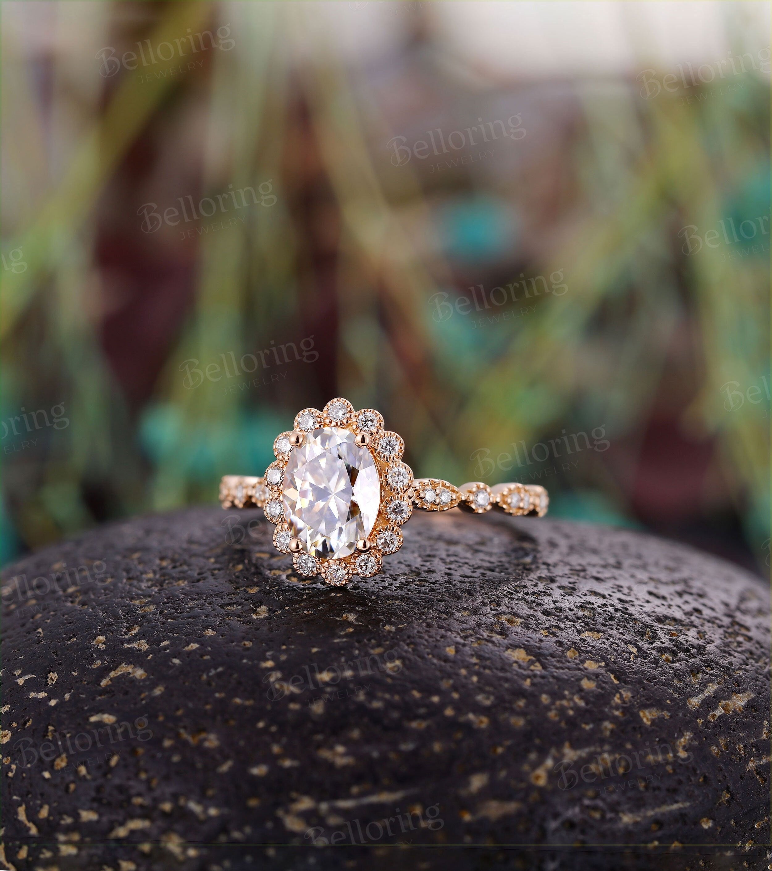 Moissanite engagement ring Rose gold oval cut vintage diamond halo unique Wedding  Jewelry birthstone Anniversary wedding ring