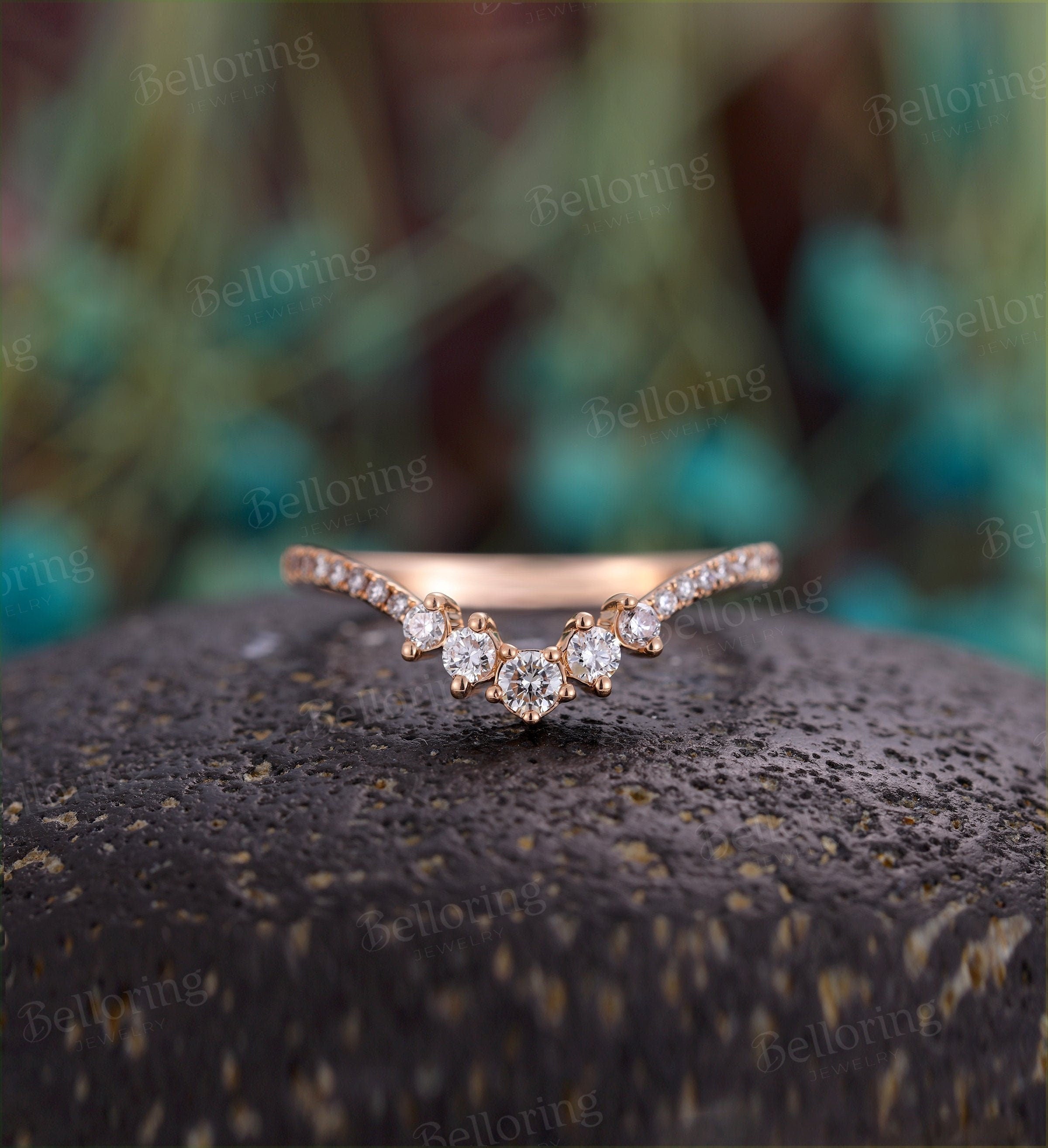 Moissanite/Diamond Curved wedding band woman Solid 14K rose gold band Vintage Chevron ring unique Antique stacking Promise Anniversary ring