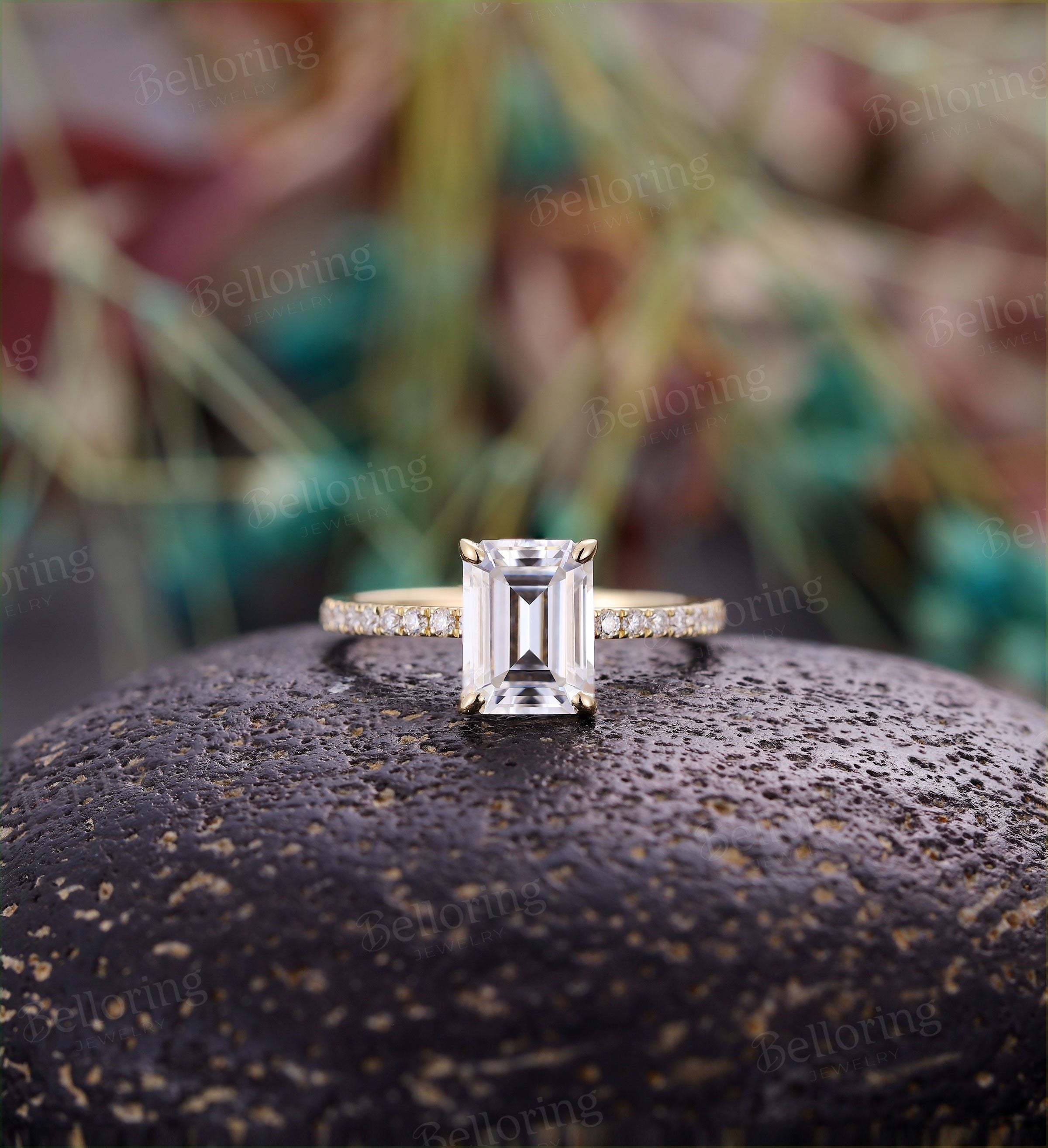 Emerald cut Moissanite engagement ring yellow gold vintage Half eternity diamond unique Wedding  Jewelry Anniversary wedding ring