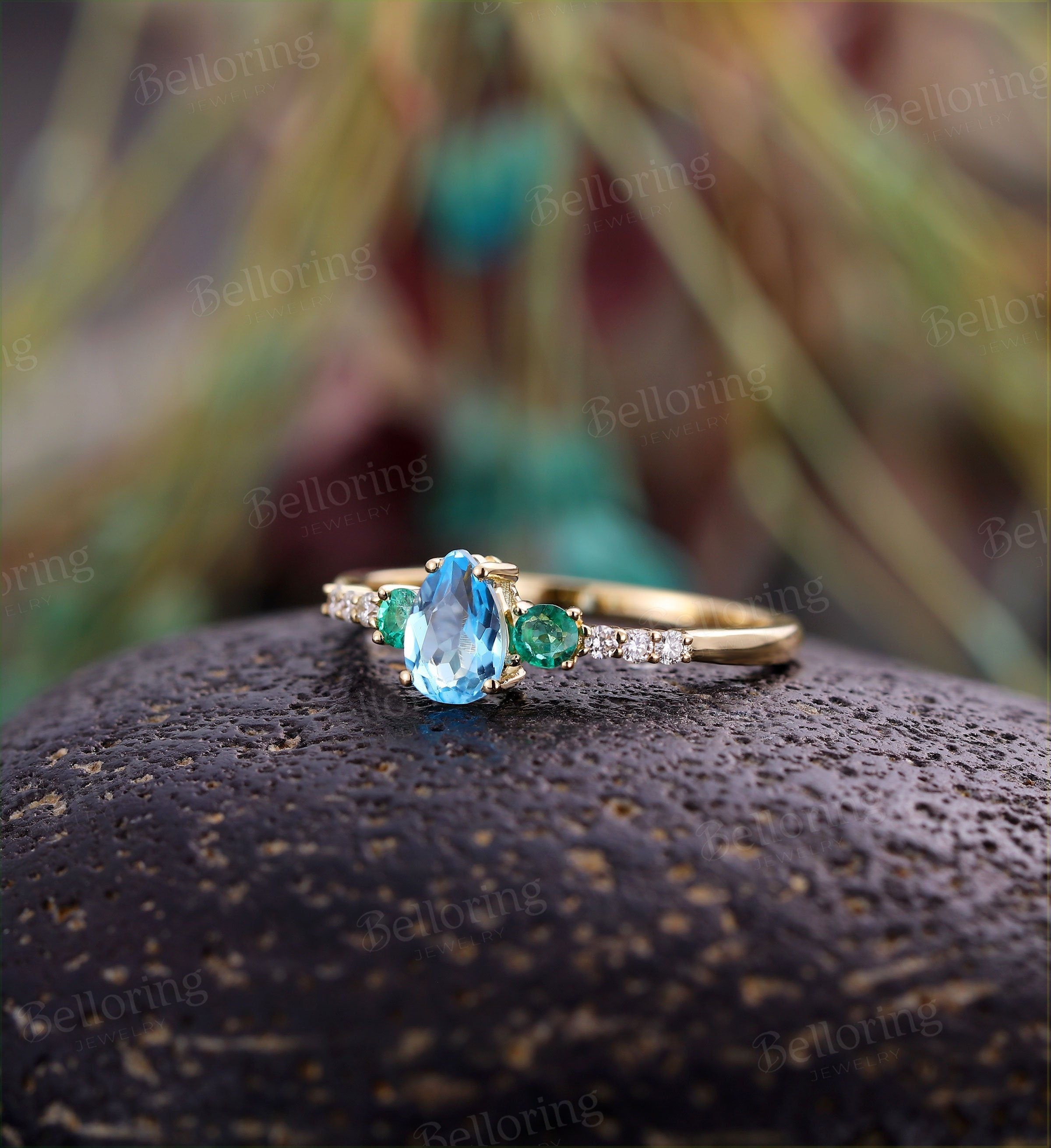 Aquamarine engagement ring Vintage Diamond yellow gold Unique  Art deco emerald Jewelry birthstone promise Anniversary wedding ring