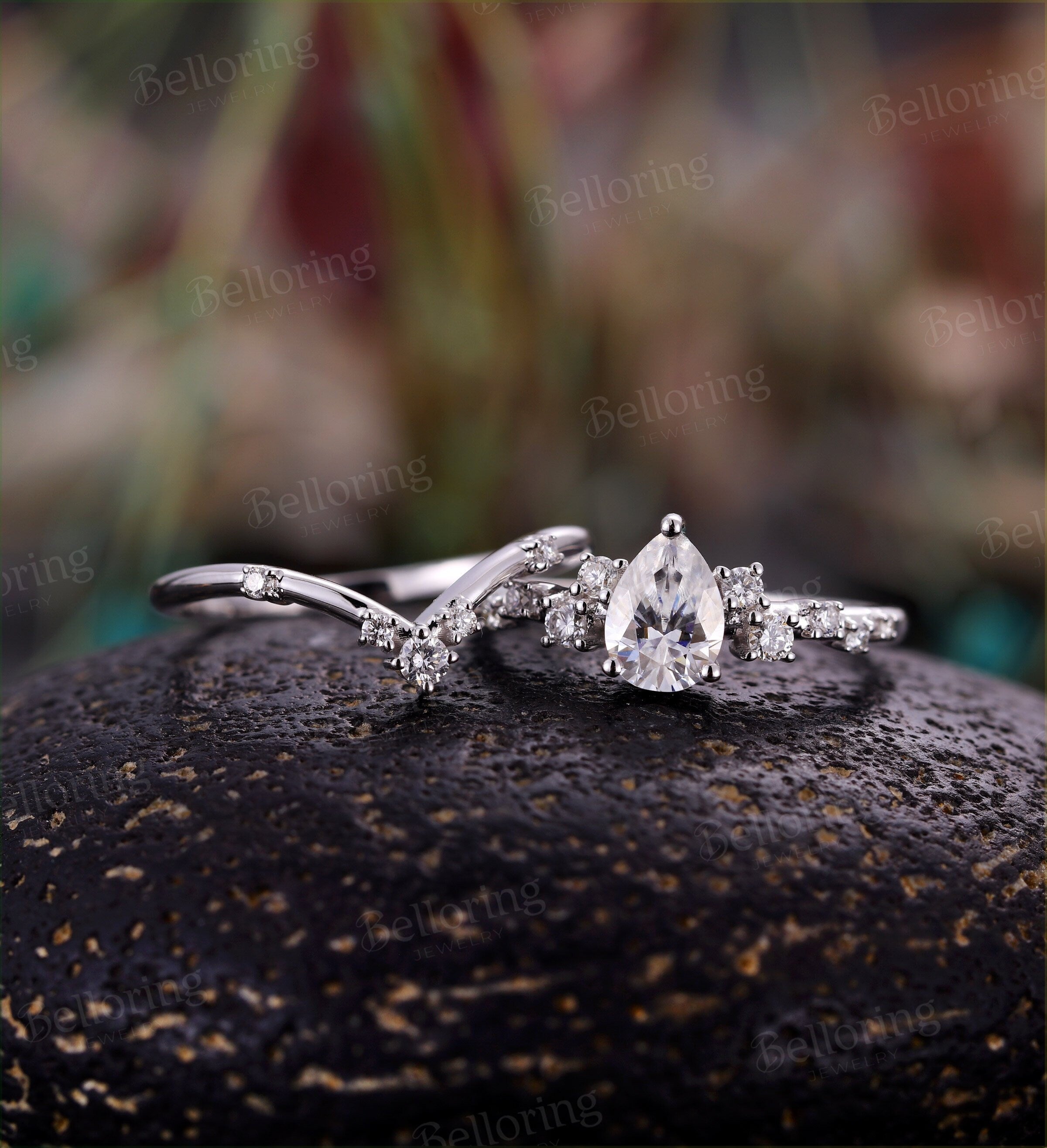 Moissanite engagement ring set pear cut vintage unique prong set Wedding ring set  antique Jewelry promise Anniversary wedding ring