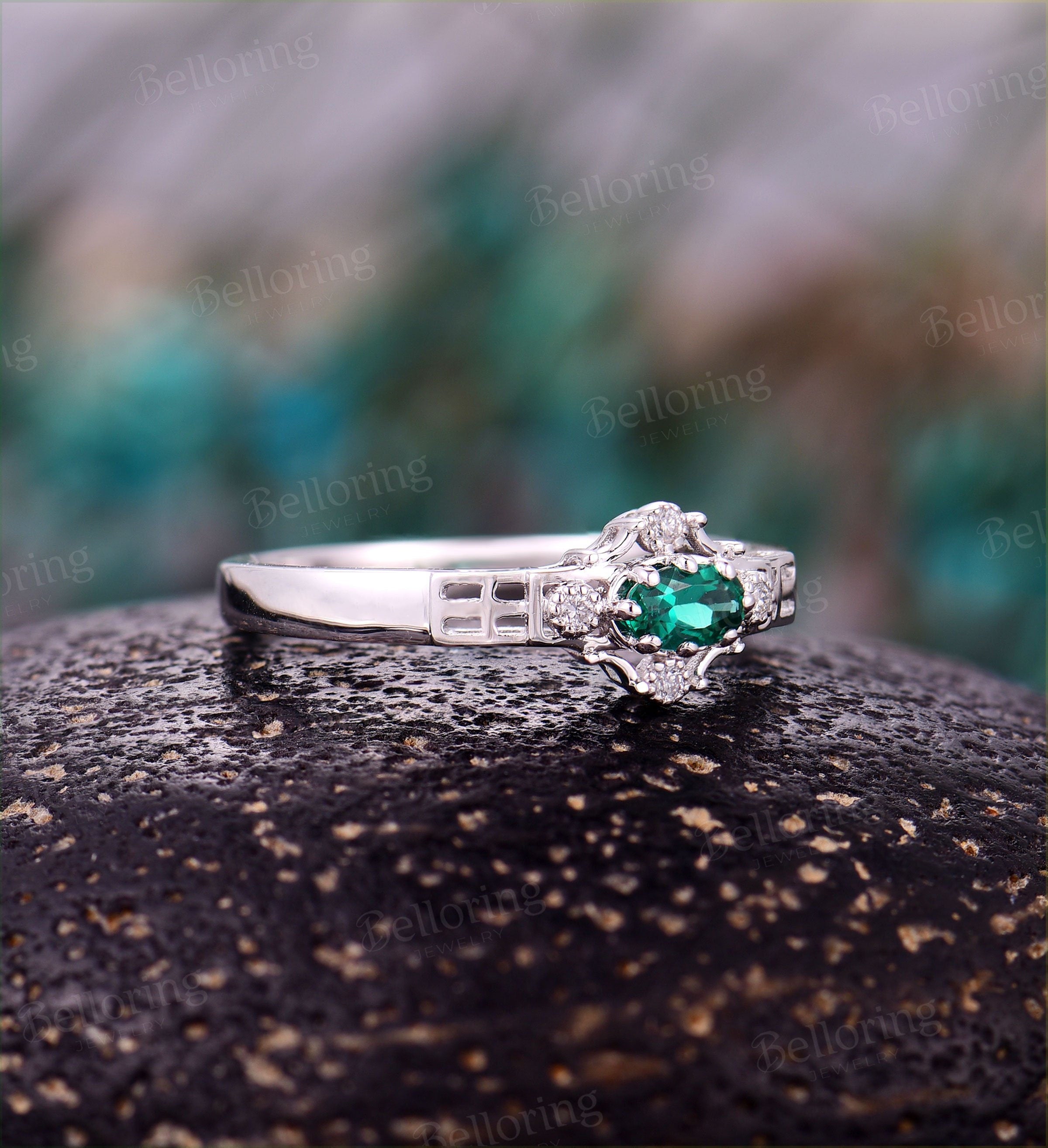 Emerald engagement ring 14k white gold oval cut vintage diamond unique Wedding   Jewelry birthstone Anniversary promise ring