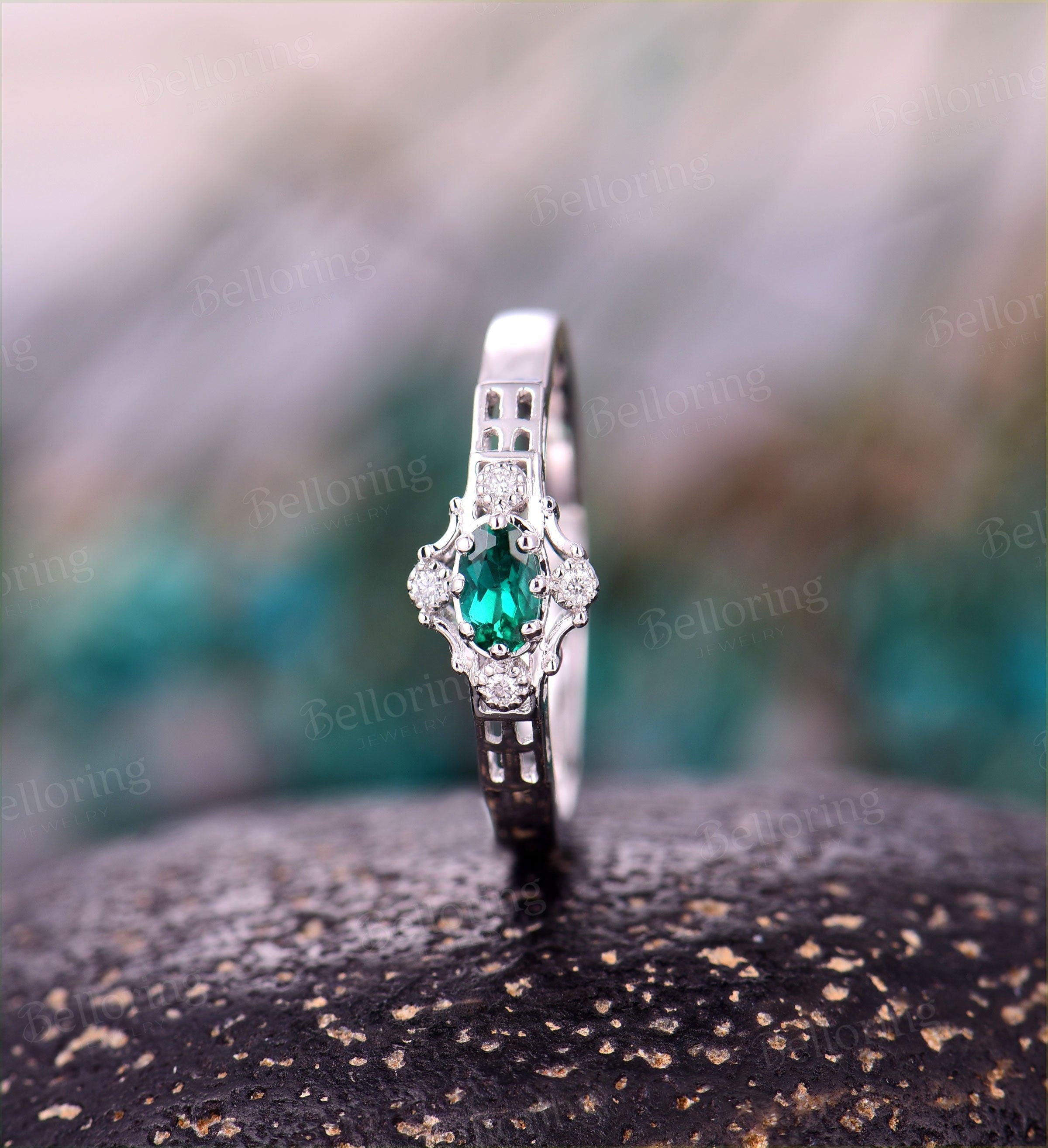 Emerald engagement ring 14k white gold oval cut vintage diamond unique Wedding   Jewelry birthstone Anniversary promise ring