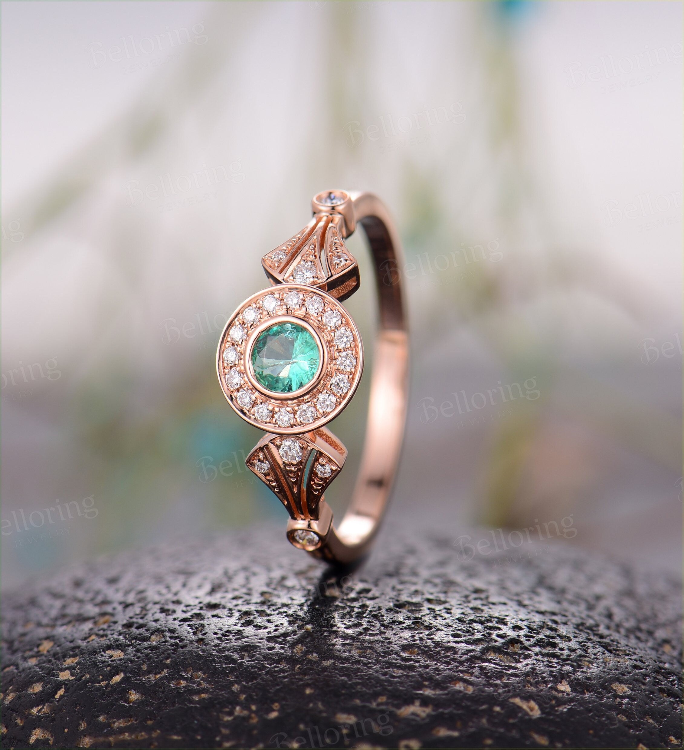 Emerald  Engagement Ring rose Gold vintage round cut Art Deco Antique halo diamond wedding ring    Promise Anniversary wedding ring