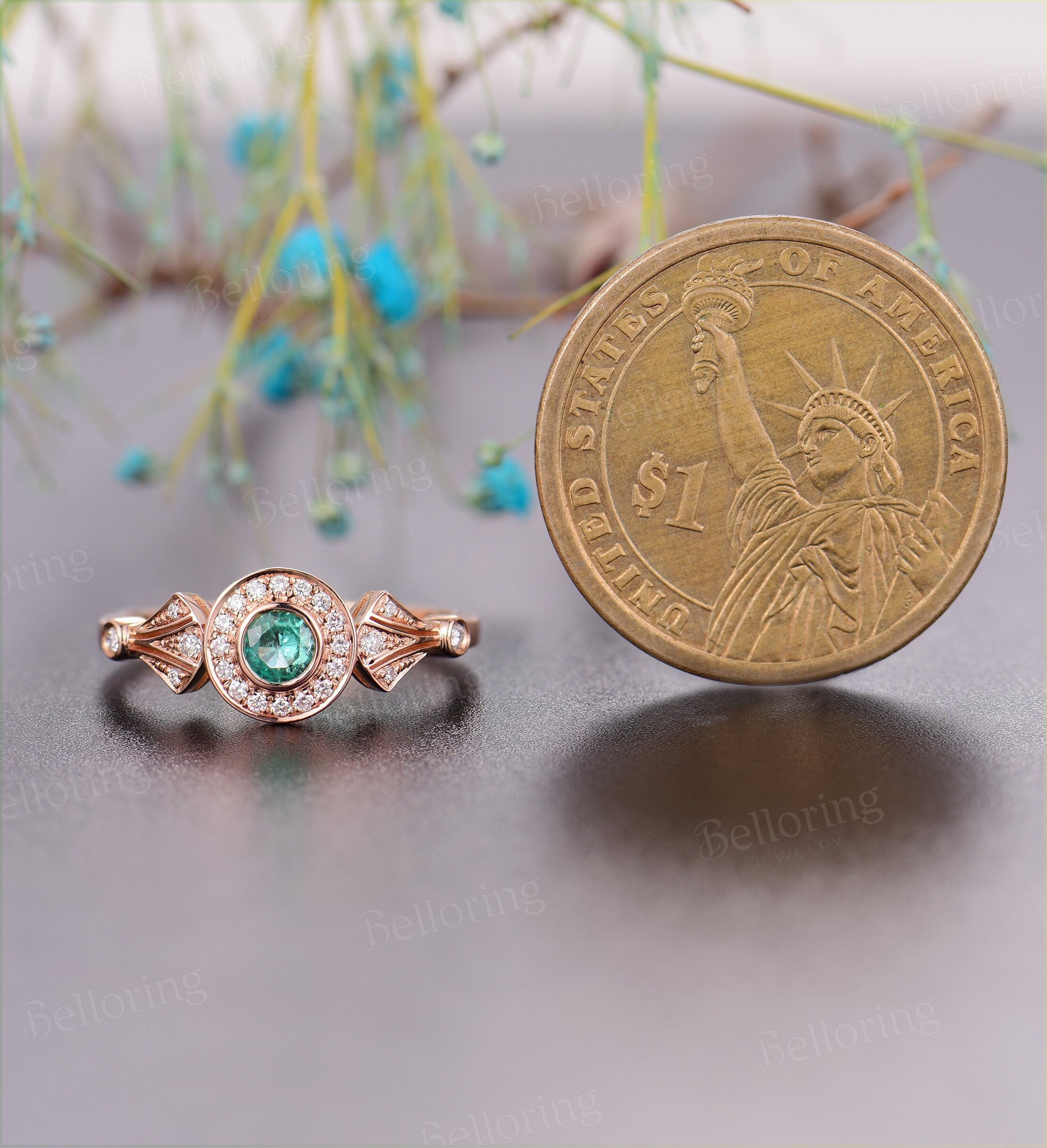 Emerald  Engagement Ring rose Gold vintage round cut Art Deco Antique halo diamond wedding ring    Promise Anniversary wedding ring