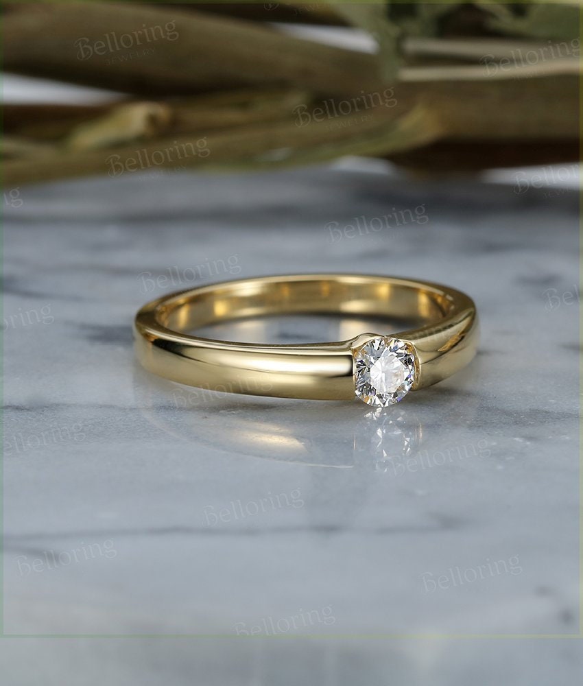 Moissanite yellow gold engagement ring, solitaire vintage wedding ring Bridal ring, Unique wedding ring Antique Promise Anniversary ring