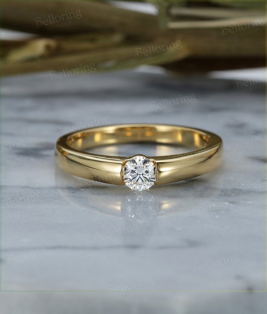 Moissanite yellow gold engagement ring, solitaire vintage wedding ring Bridal ring, Unique wedding ring Antique Promise Anniversary ring