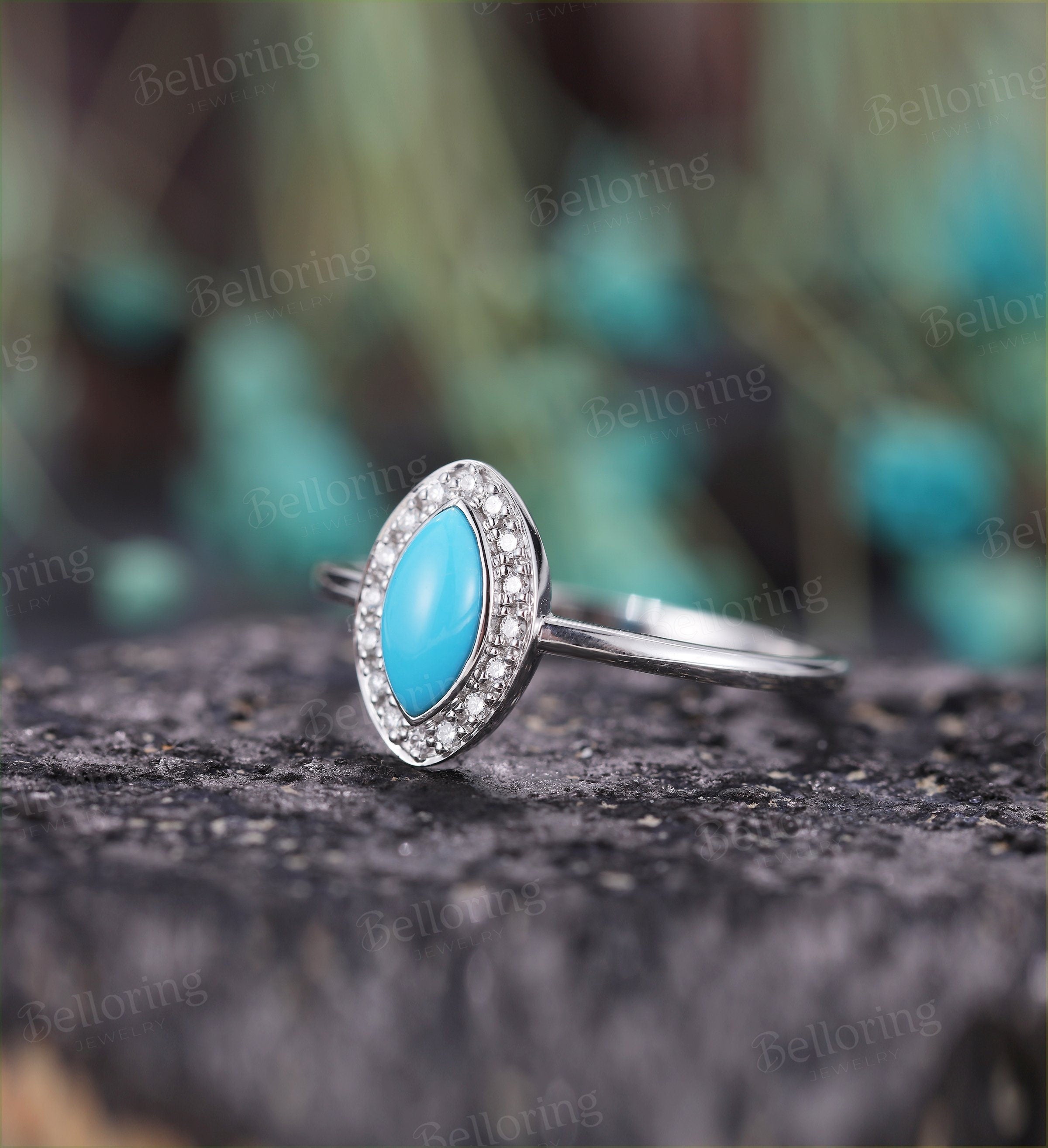 Marquise shaped turquoise engagement ring set vintage white gold halo diamond unique art deco  Antique Promise anniversary wedding ring