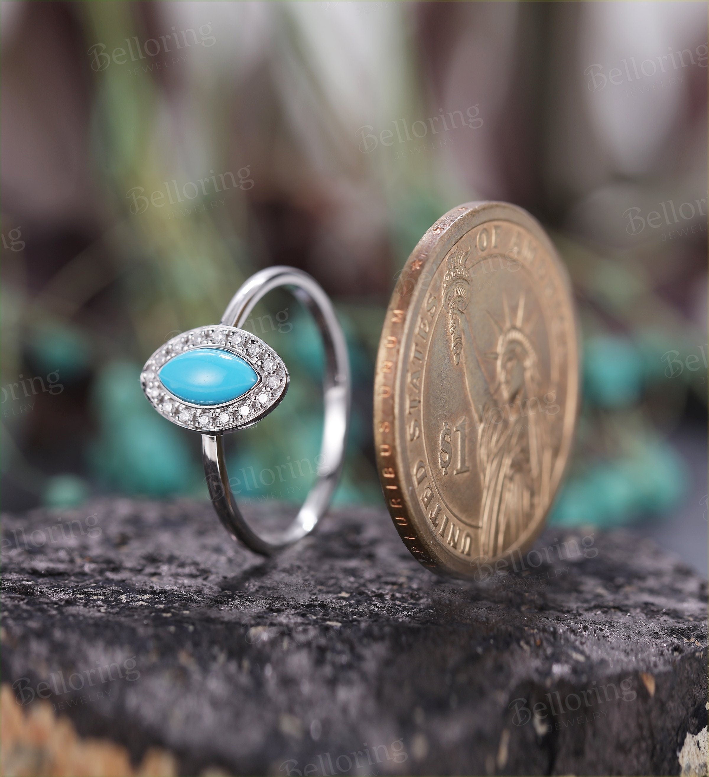 Marquise shaped turquoise engagement ring set vintage white gold halo diamond unique art deco  Antique Promise anniversary wedding ring