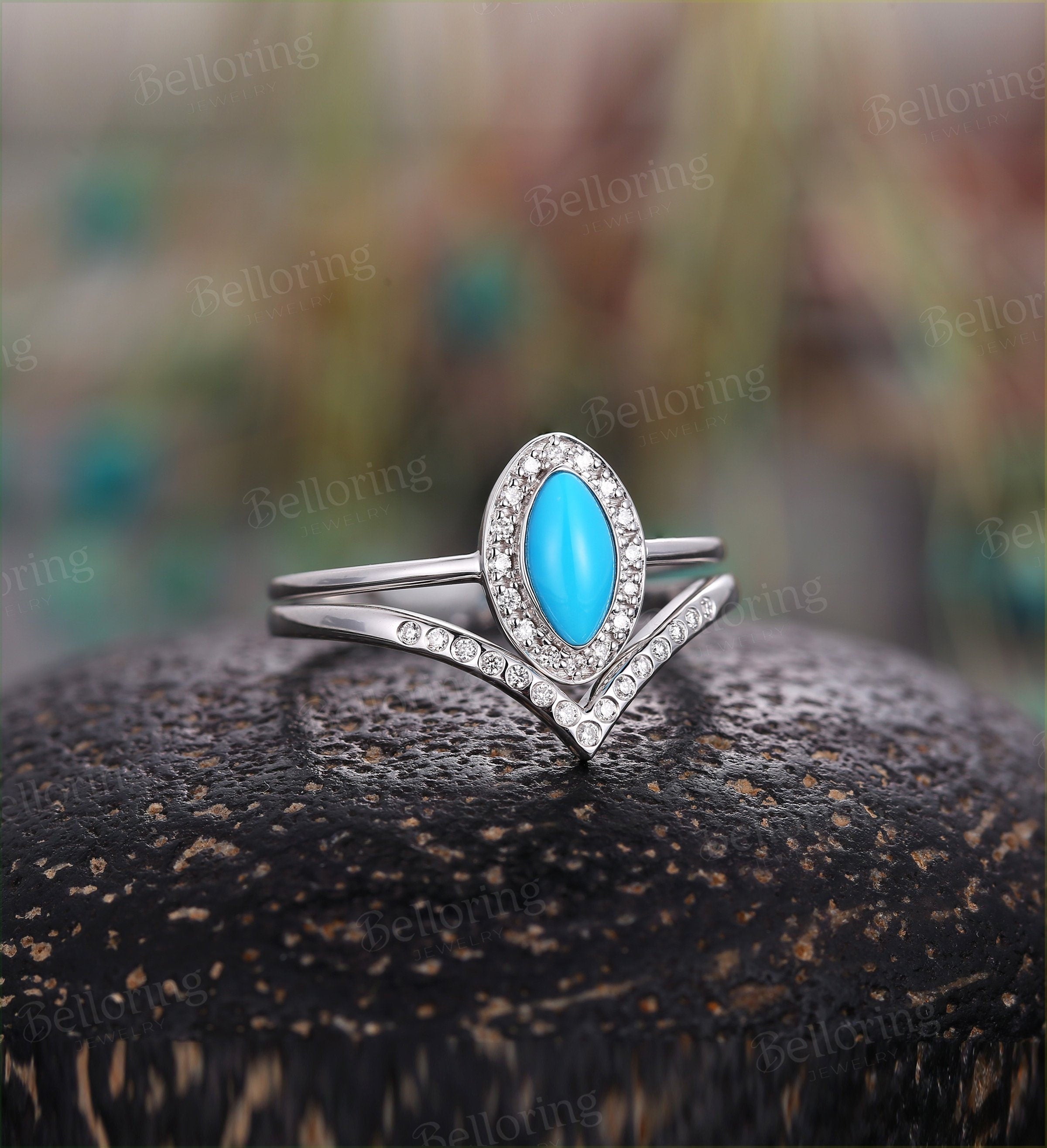 Marquise shaped turquoise engagement ring set vintage white gold halo diamond chevron Wedding band  Antique Promise wedding ring