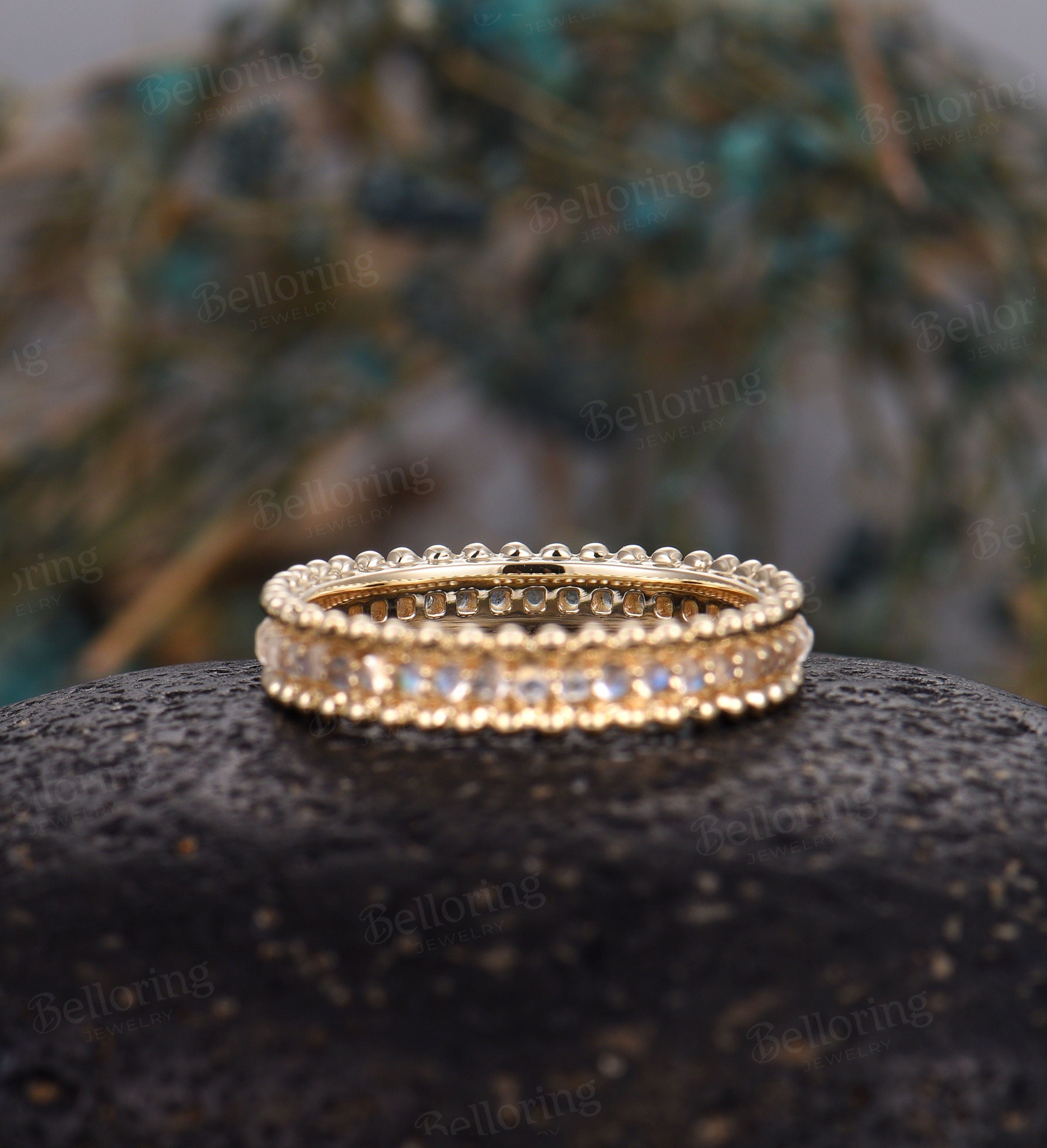 Moonstone wedding band 14k yellow gold Unique full eternity Antique Stacking ring milgrain Bridal Jewelry Anniversary band