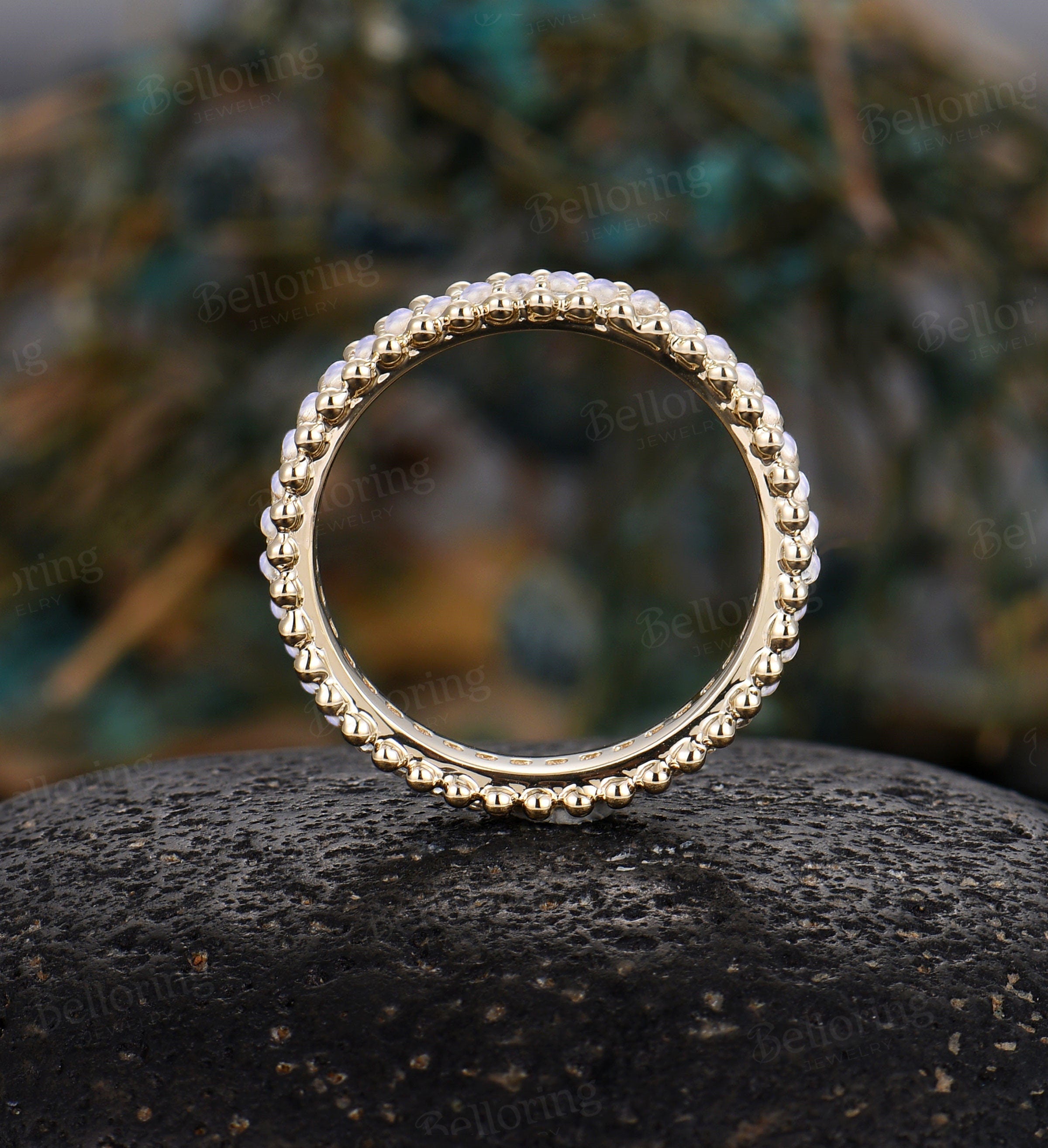 Moonstone wedding band 14k yellow gold Unique full eternity Antique Stacking ring milgrain Bridal Jewelry Anniversary band