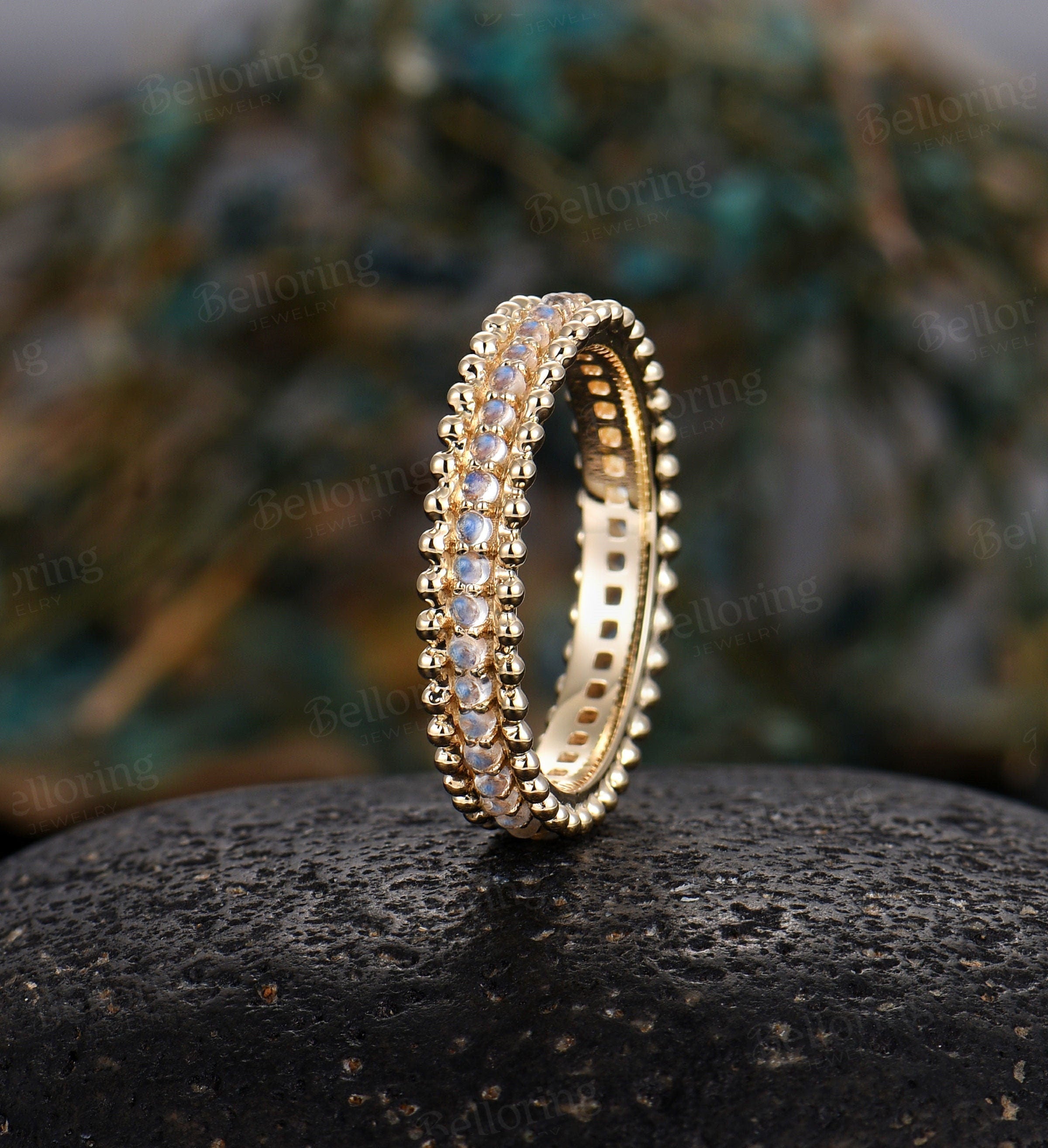 Moonstone wedding band 14k yellow gold Unique full eternity Antique Stacking ring milgrain Bridal Jewelry Anniversary band