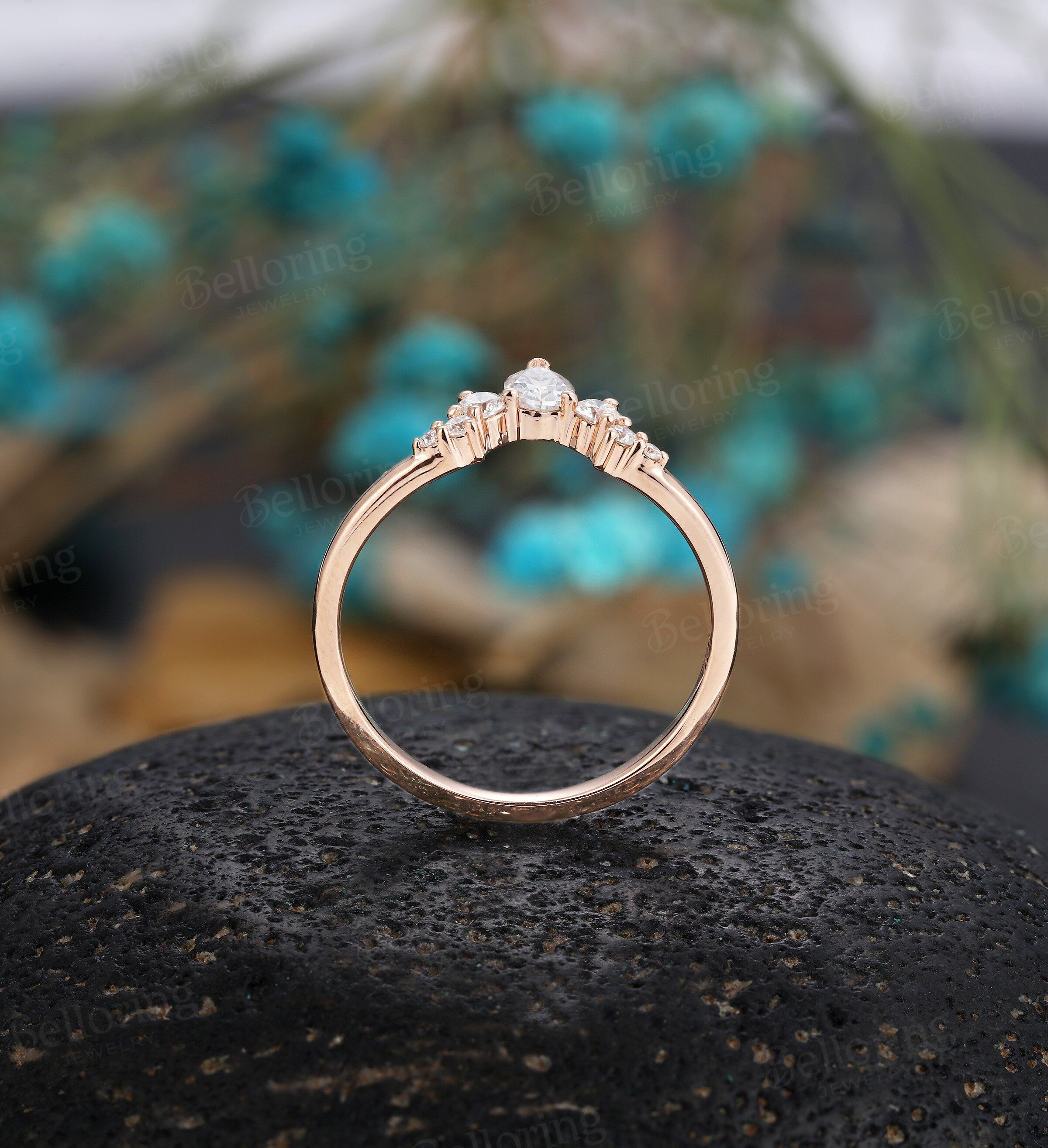 Moissanite/Diamond Curved wedding band art deco rose gold wedding ring Vintage pear cut Antique Solid 14K Matching Promise Anniversary ring