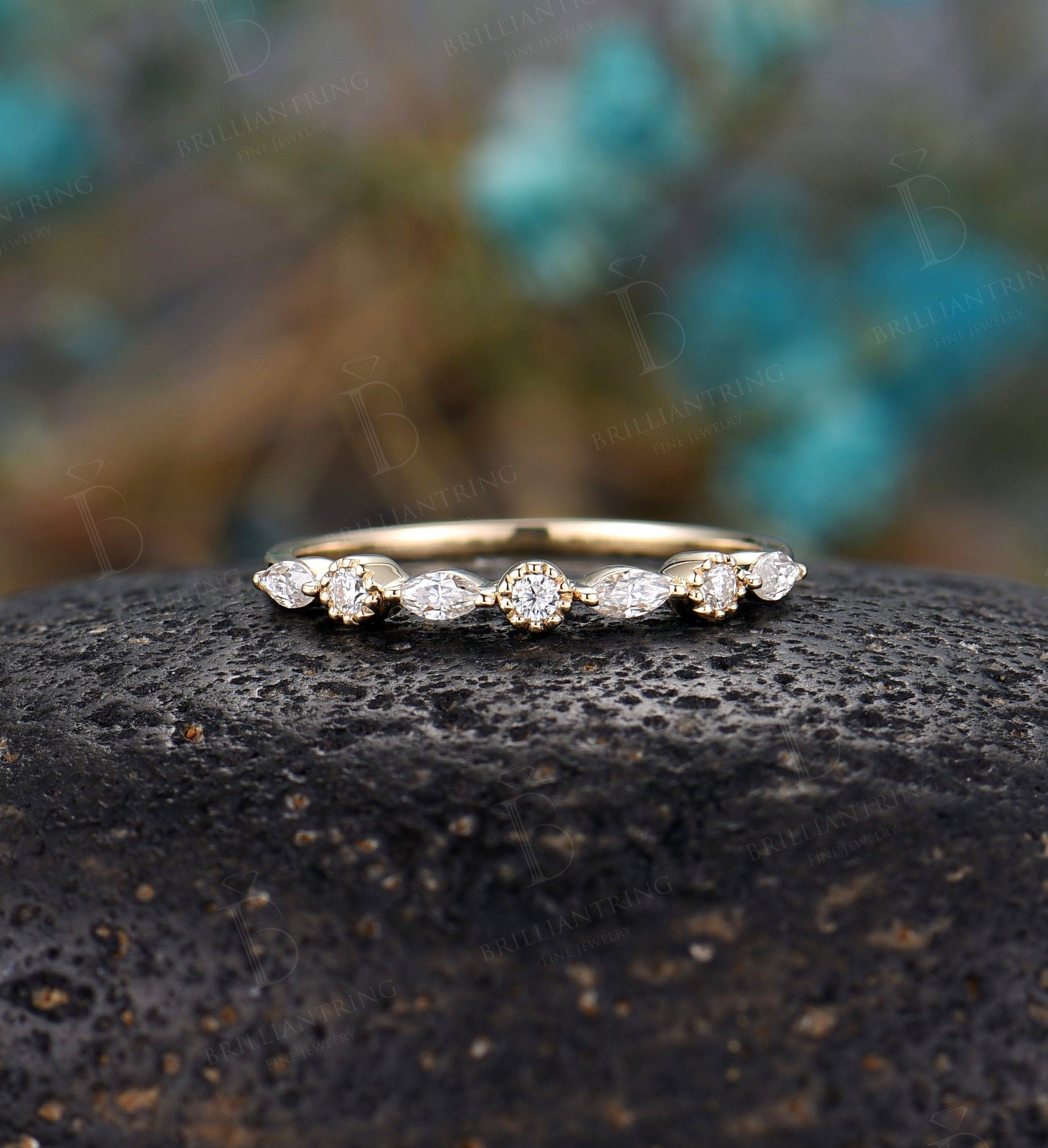 Art deco diamond ring vintage yellow gold wedding band  Half eternity milgrain antique marquise dainty Promise Matching band wedding ring