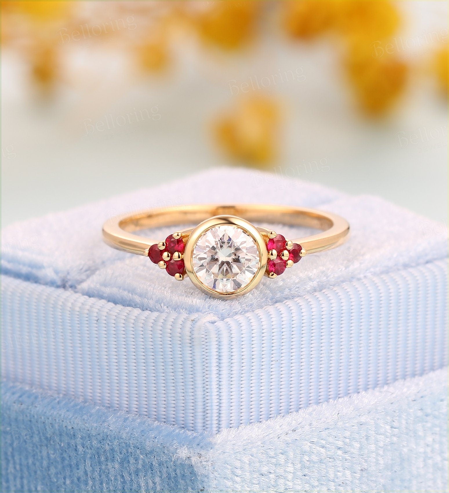 Art deco engagement ring  Vintage moissanite natural ruby white gold Unique Delicate wedding Bridal Jewelry birthstone wedding ring