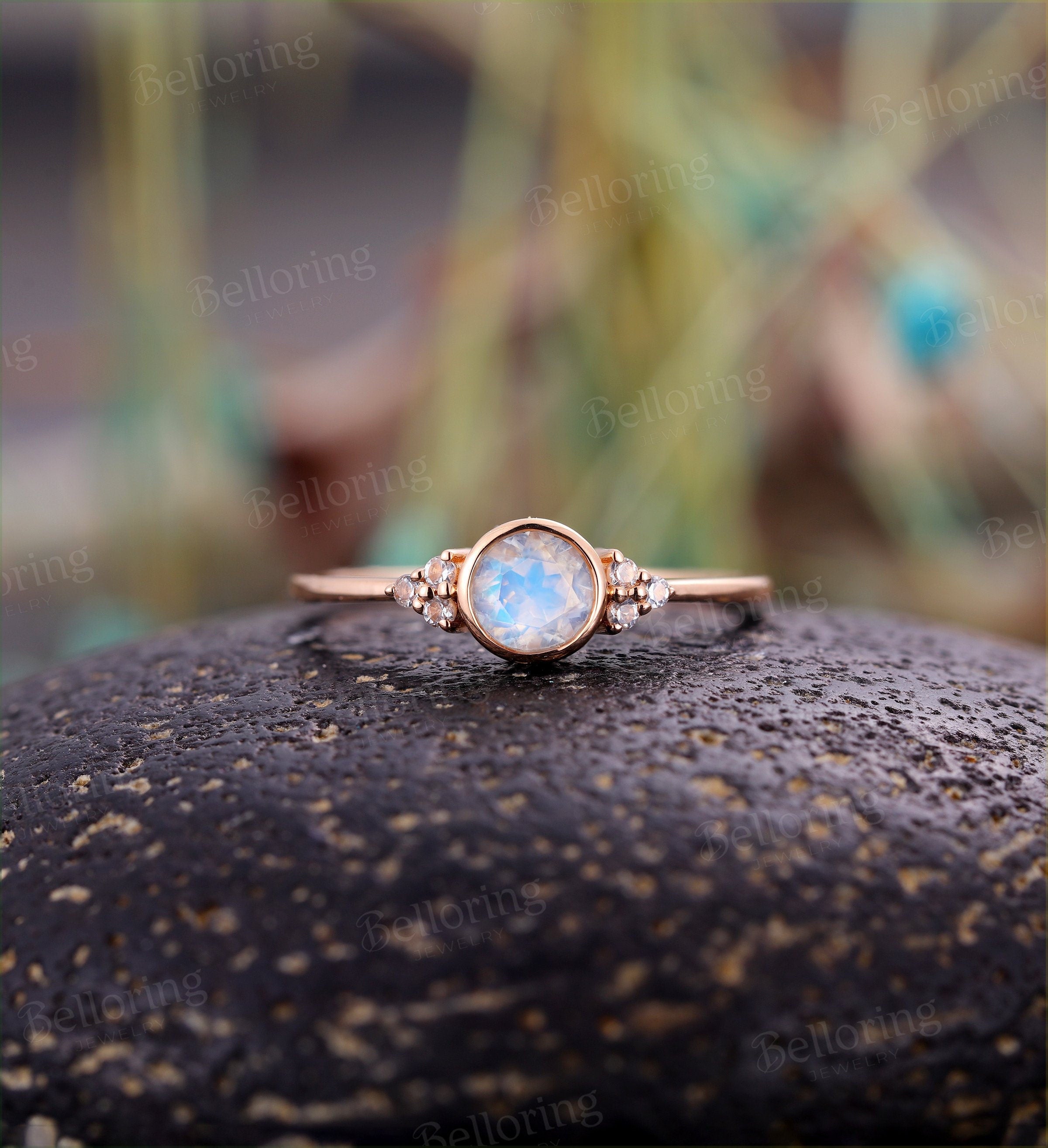 Art deco engagement ring  Vintage moonstone Topaz rose gold Unique Delicate wedding  Bridal Jewelry birthstone Anniversary wedding ring