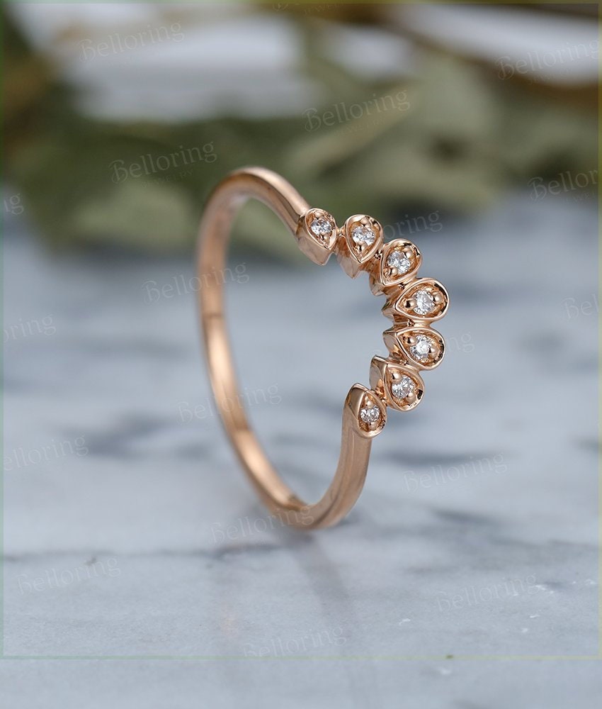 Art deco Rose gold round diamond curved Wedding band pear shape unique gifts for  antique Jewelry Anniversary wedding ring