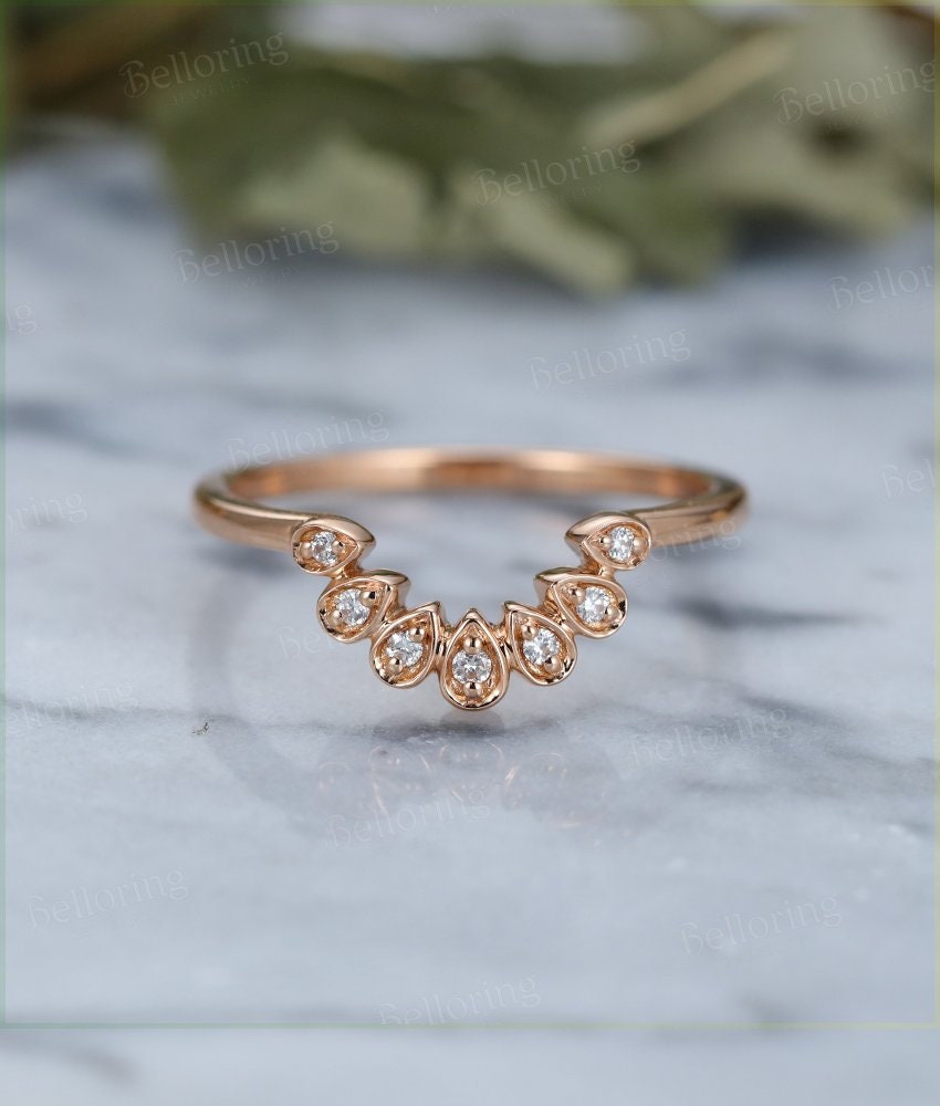 Art deco Rose gold round diamond curved Wedding band pear shape unique gifts for  antique Jewelry Anniversary wedding ring