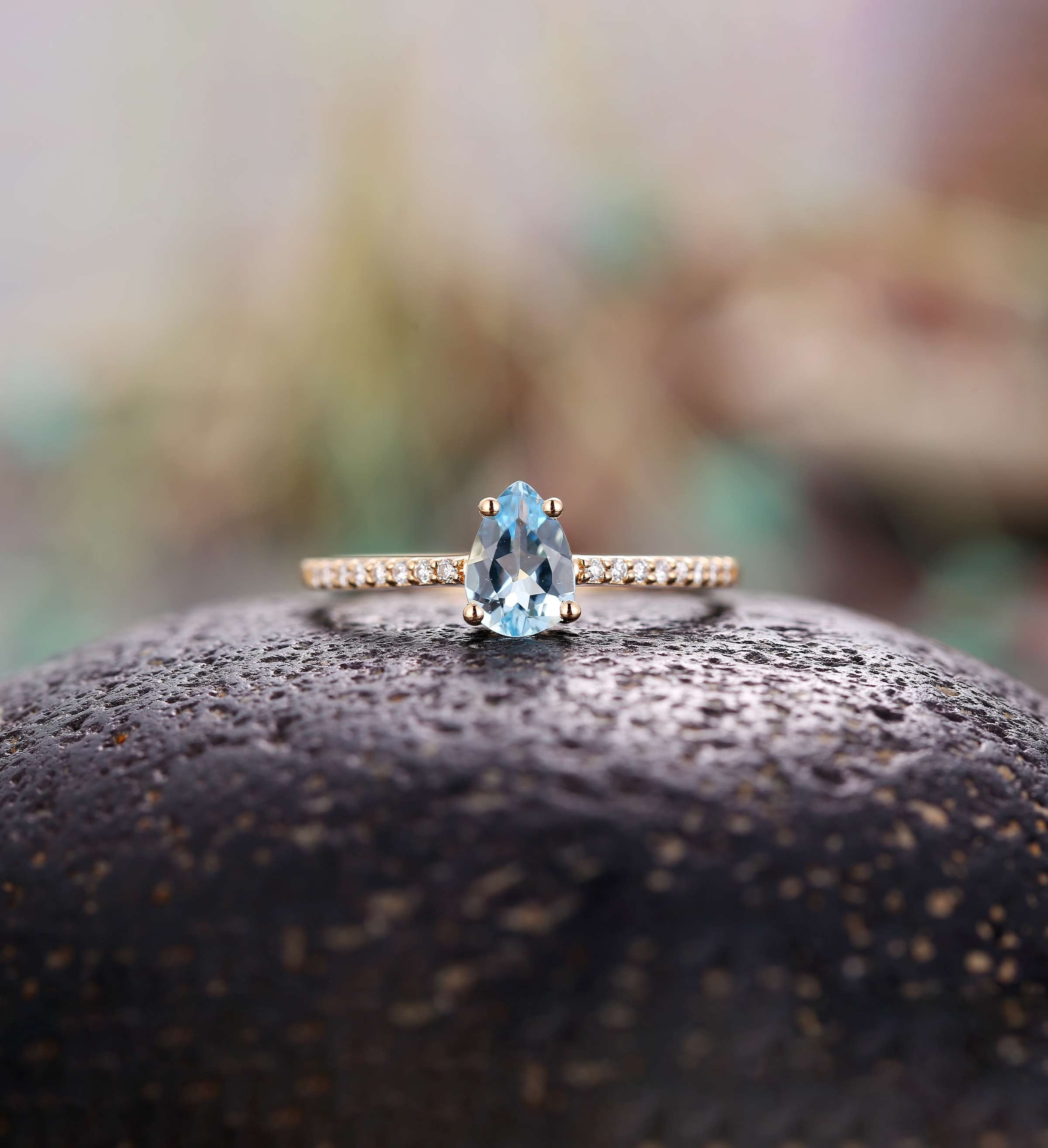 Aquamarine engagement ring 14k yellow gold pear cut vintage diamond Half eternity Wedding  Jewelry promise Anniversary wedding ring