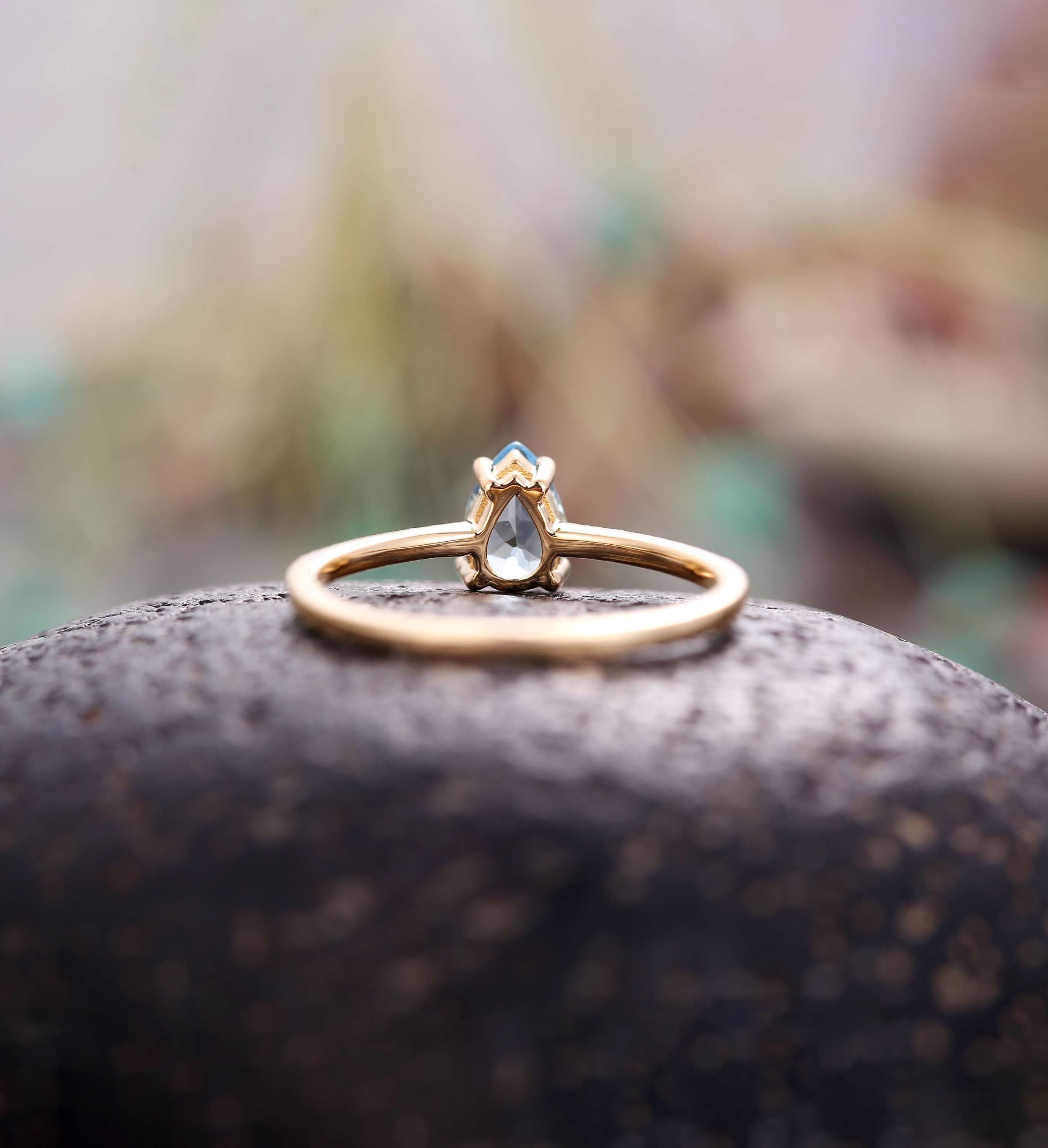 Aquamarine engagement ring 14k yellow gold pear cut vintage diamond Half eternity Wedding  Jewelry promise Anniversary wedding ring