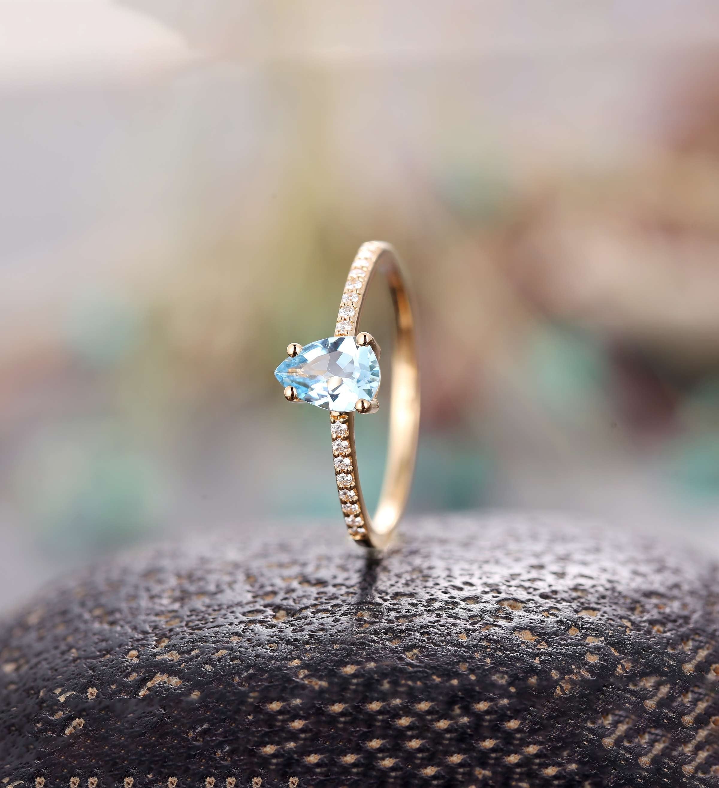 Aquamarine engagement ring 14k yellow gold pear cut vintage diamond Half eternity Wedding  Jewelry promise Anniversary wedding ring