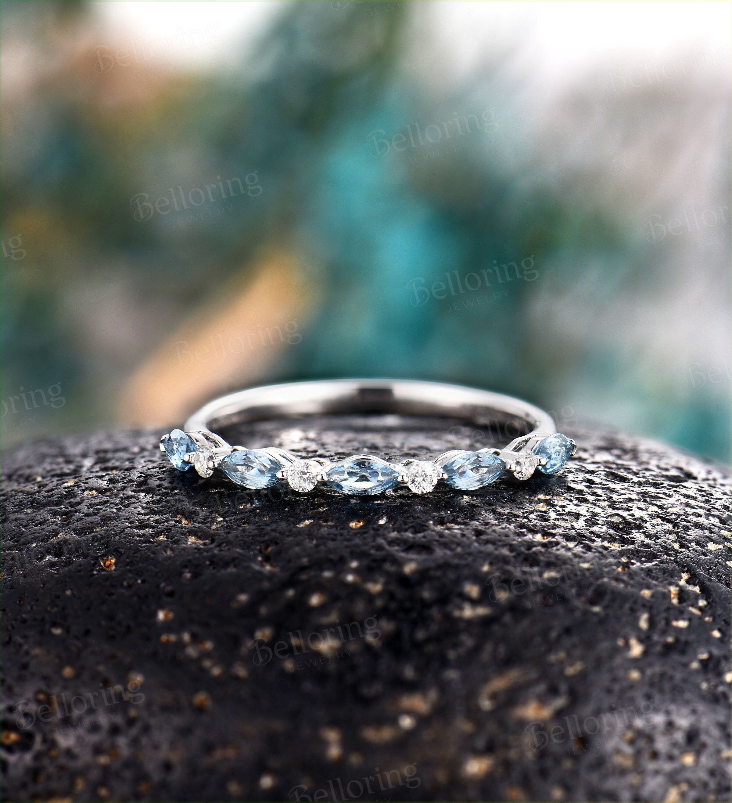 Marquise cut & round Moissanite London blue Topaz wedding band vintage white gold  antique unique Promise Matching band wedding ring