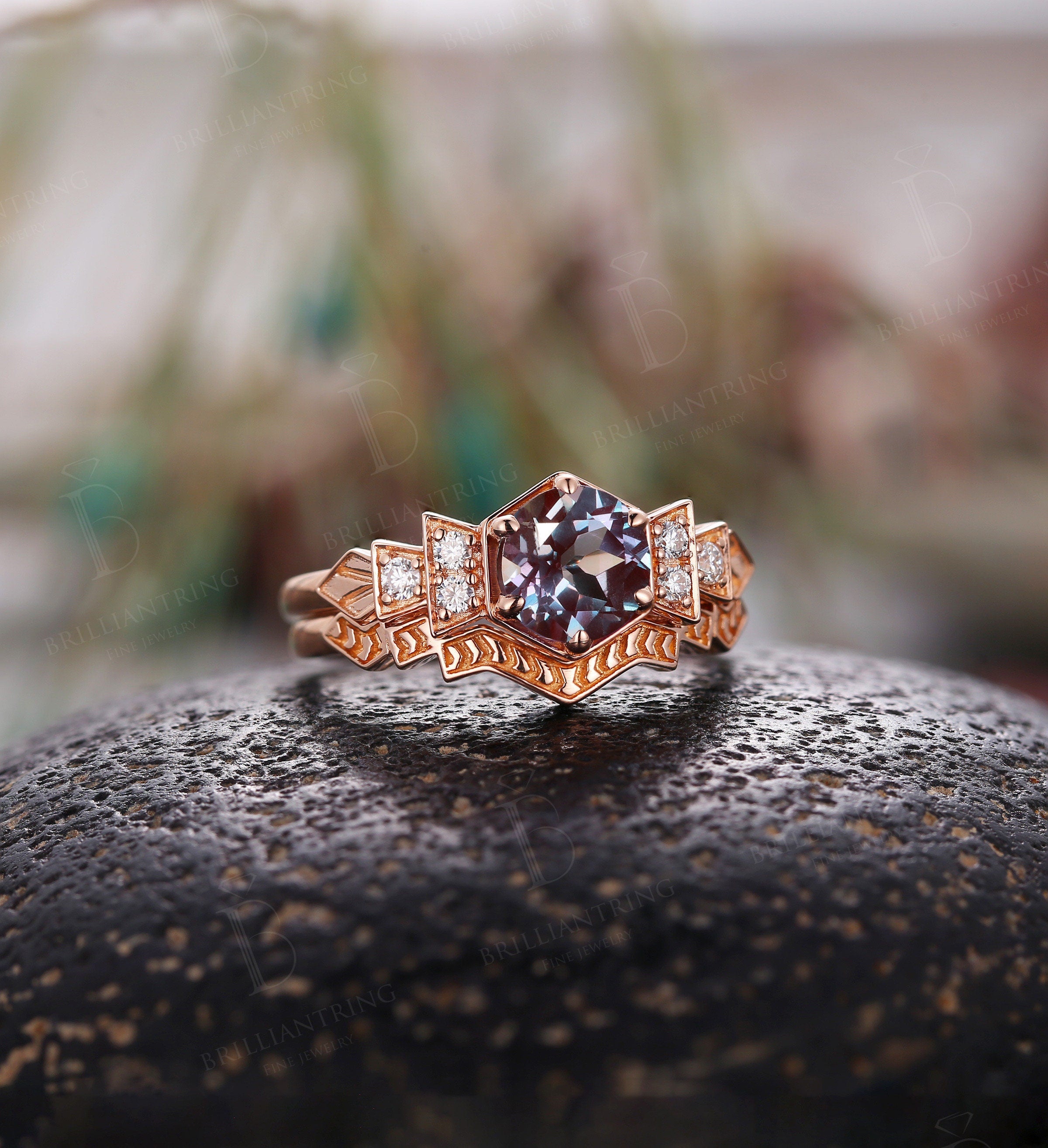 Alexandrite engagement ring rose gold vintage engagement ring set Art deco Moissanite   Bridal set Anniversary Promise wedding ring