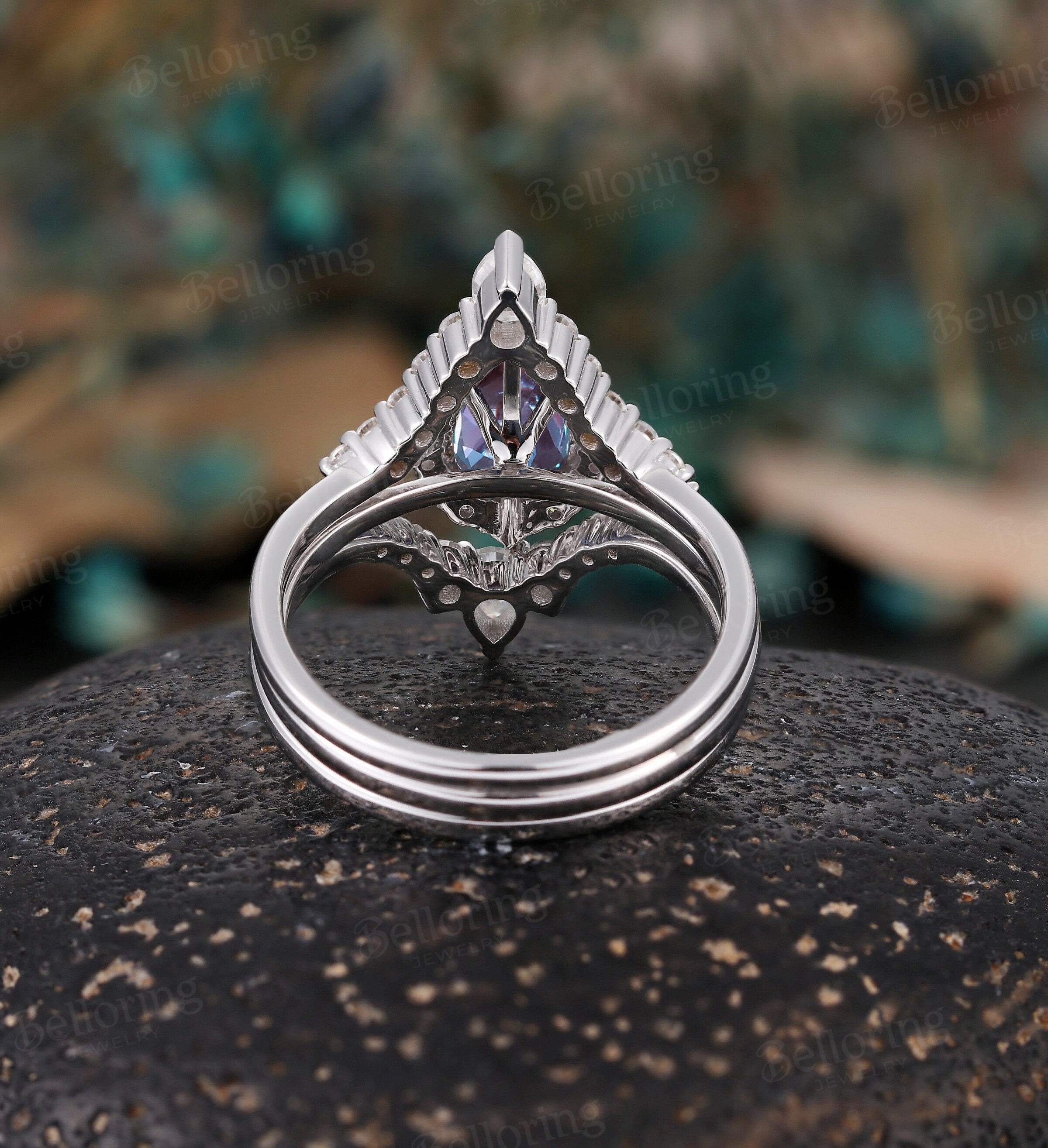 Alexandrite bridal set engagement ring Art deco Diamond ring Vintage Pear cut White gold ring Promise Bridal ring prong set Anniversary ring