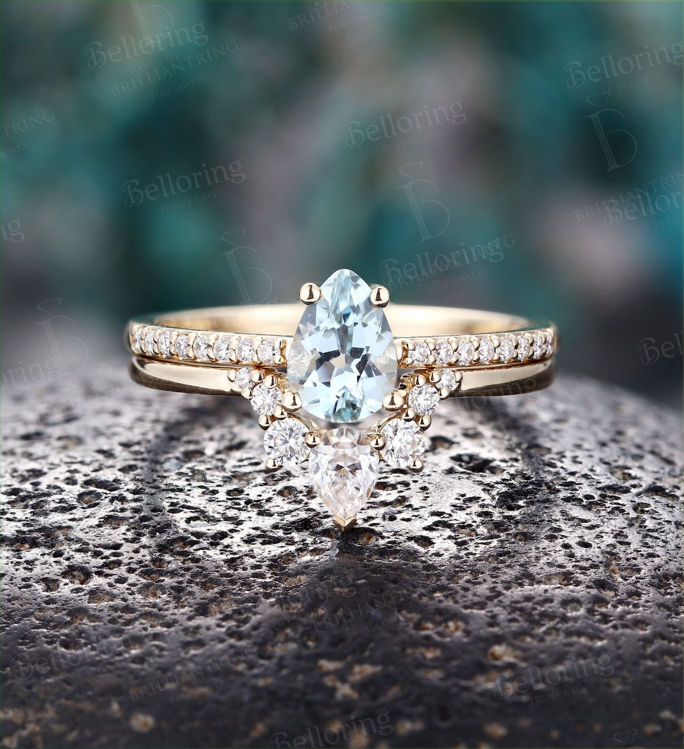 Aquamarine engagement ring set yellow gold ring set pear cut ring set vintage diamond Half eternity Wedding band Anniversary ring set