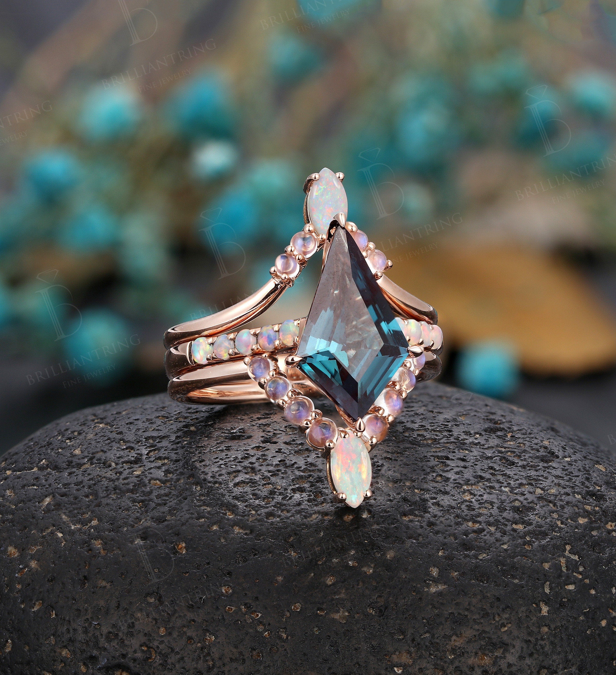 Vintage Alexandrite engagement ring set Rose gold kite cut ring set unique ring art deco Prong set Opal Milgrain Anniversary bridal set