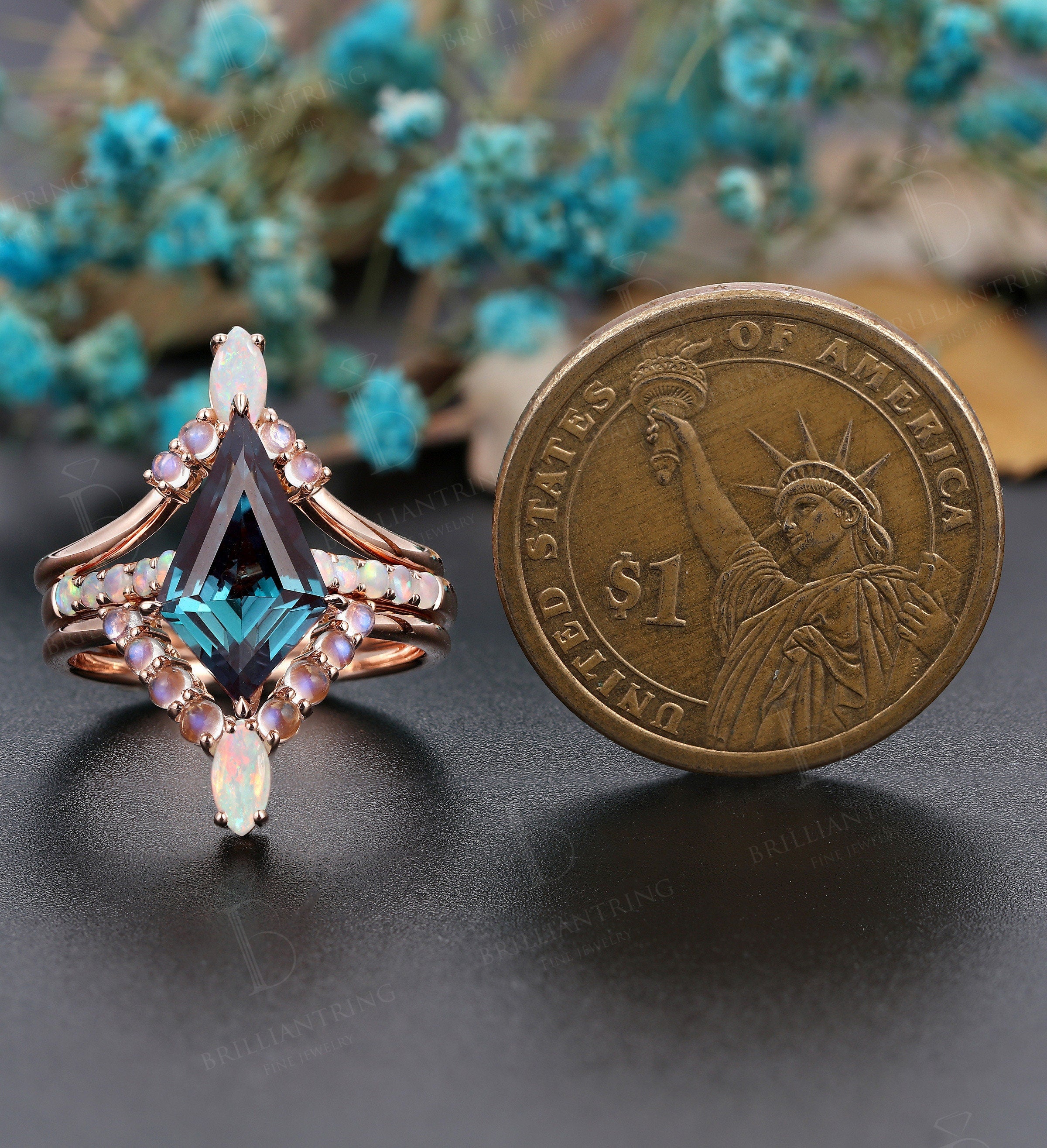 Vintage Alexandrite engagement ring set Rose gold kite cut ring set unique ring art deco Prong set Opal Milgrain Anniversary bridal set