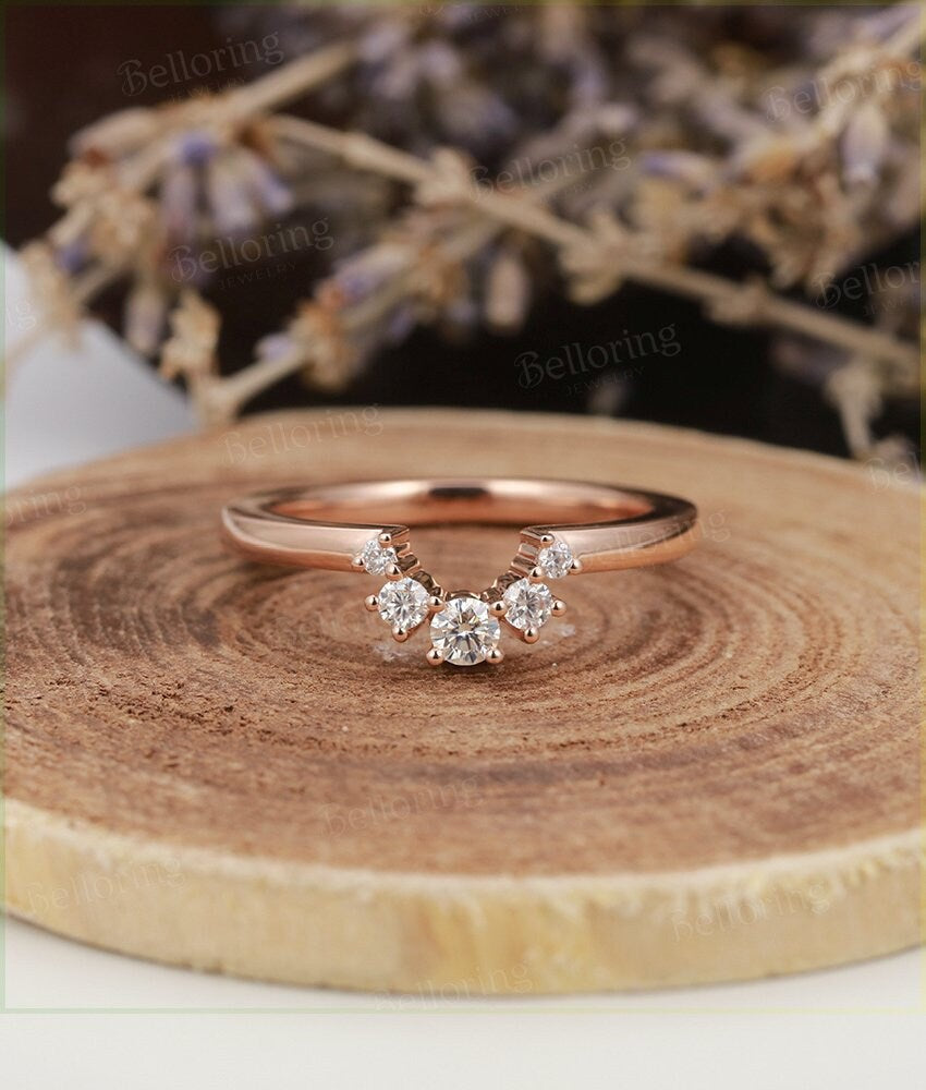 Moissanite curved 14k solid rose gold wedding band matching stacking  vintage bridal set  antique anniversary wedding ring