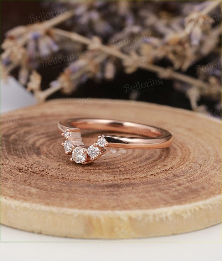 Moissanite curved 14k solid rose gold wedding band matching stacking  vintage bridal set  antique anniversary wedding ring