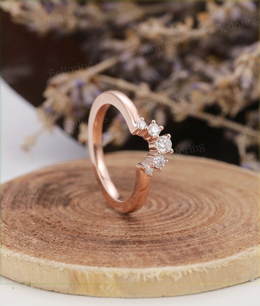 Moissanite curved 14k solid rose gold wedding band matching stacking  vintage bridal set  antique anniversary wedding ring